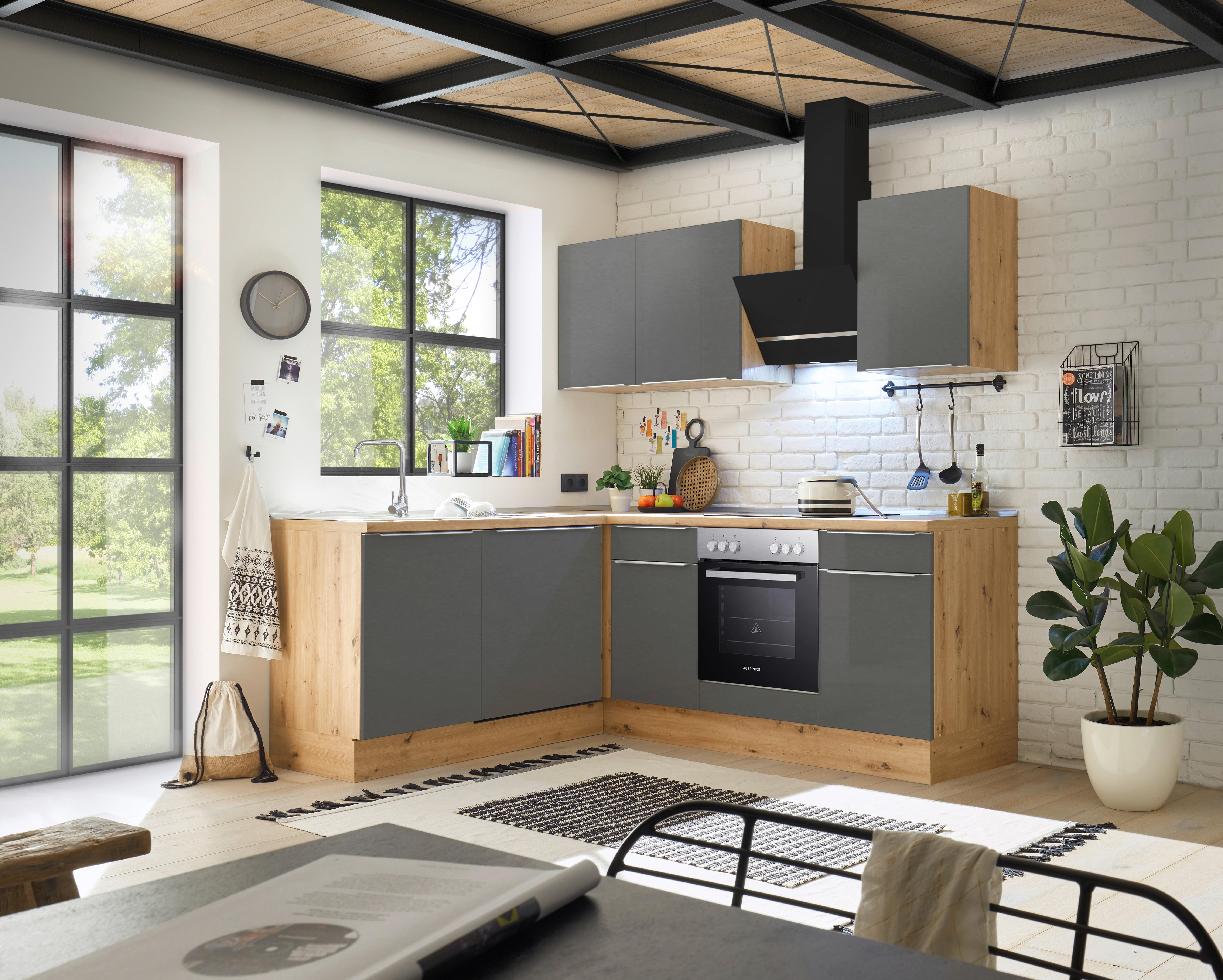 Eckküche mit Geräten 220x170cm Grau/Eiche Dekor Modern