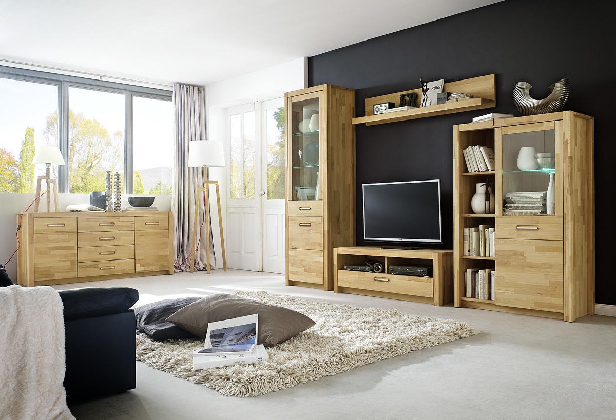 Wohnwand Buche Massiv 4 -Teilig. mit Led Fenja - Buchefarben, Design, Glas/Holz (309/203/46cm) - MID.YOU