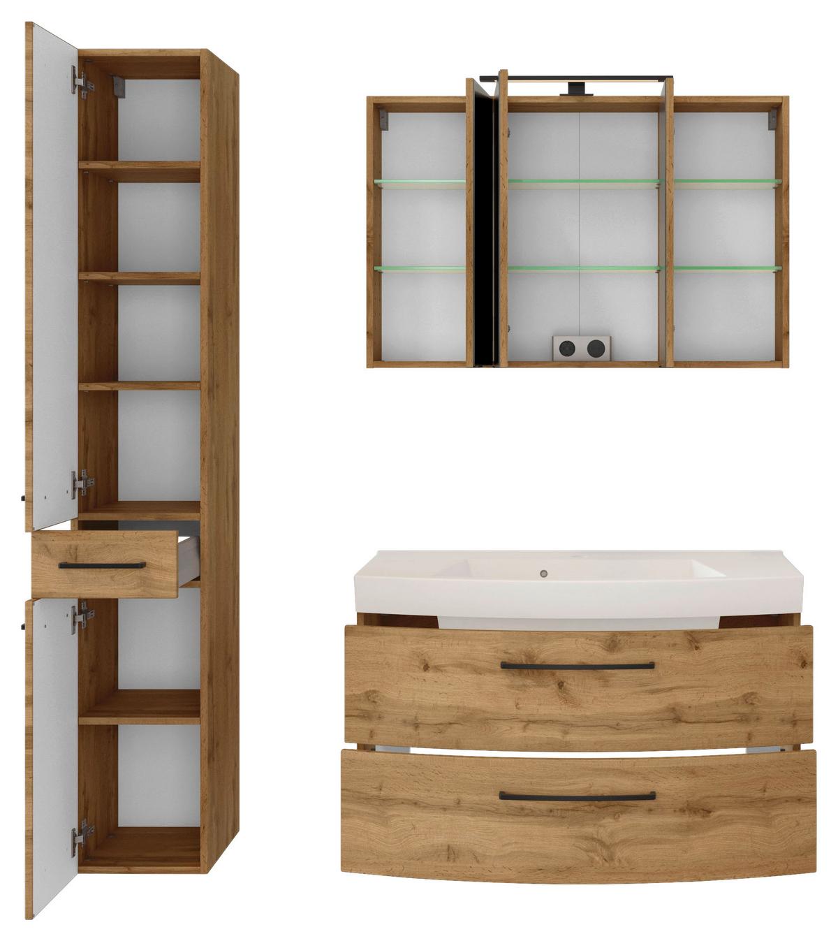 Badmöbel-set 3 -teilig. Manchester B:130cm Weiß Eiche Wotan Dekor - Eichefarben/Weiß, MODERN, Holzwerkstoff/Stein (130cm) - Held