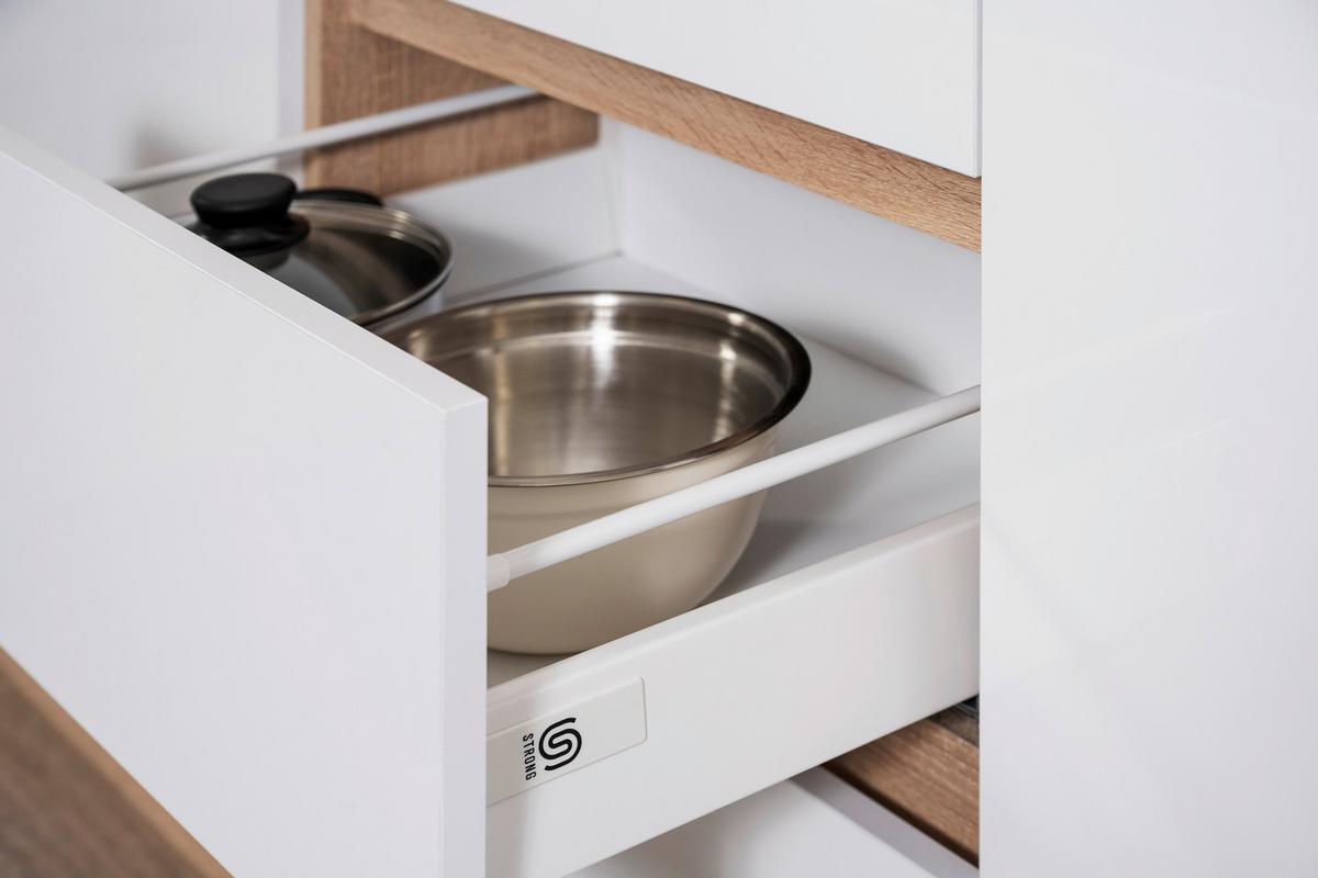 Küchenzeile Premium mit Geräten 380 cm Weiß/Eiche Dekor - Eichefarben/Weiß Hochglanz, Basics, Holzwerkstoff (380cm) - Respekta