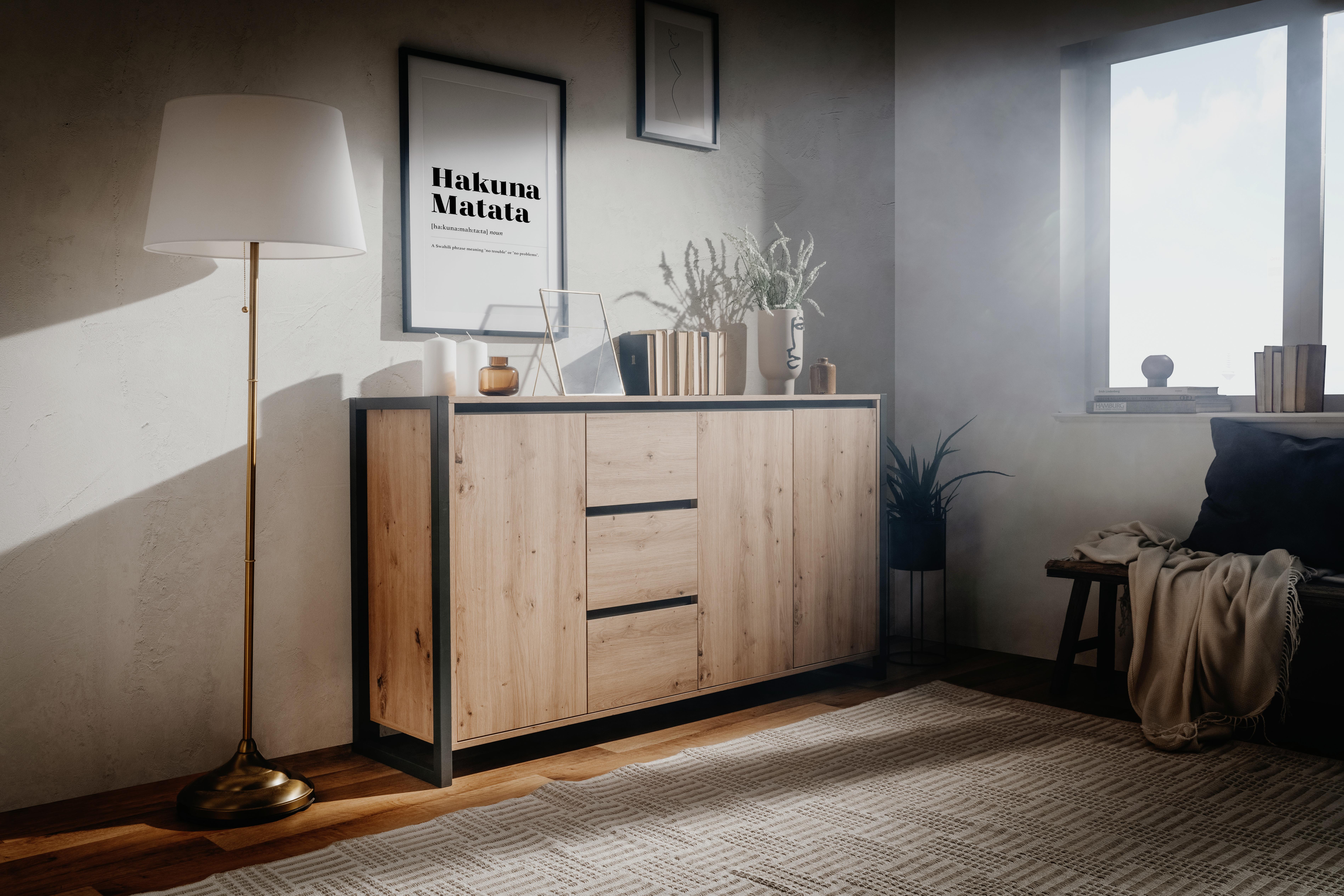 Kommode 160cm Denver 3 Eiche Dekor - Eichefarben/Anthrazit, KONVENTIONELL, Holzwerkstoff (160/88/40cm) - MID.YOU