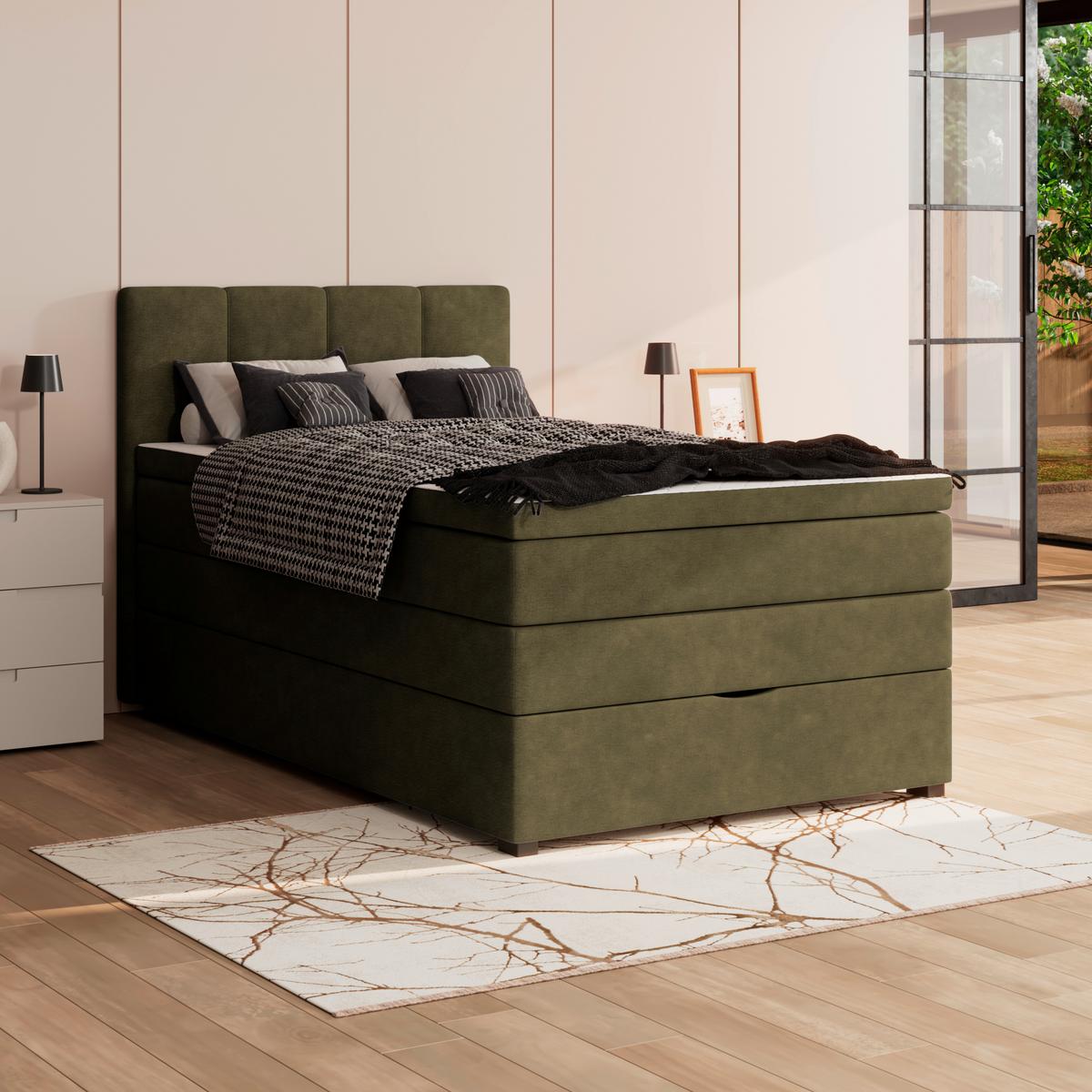 Boxspringbett mit Topper & Bettkasten 140x200 Lauro - Schwarz/Grün, Trend, Textil (140/200cm)