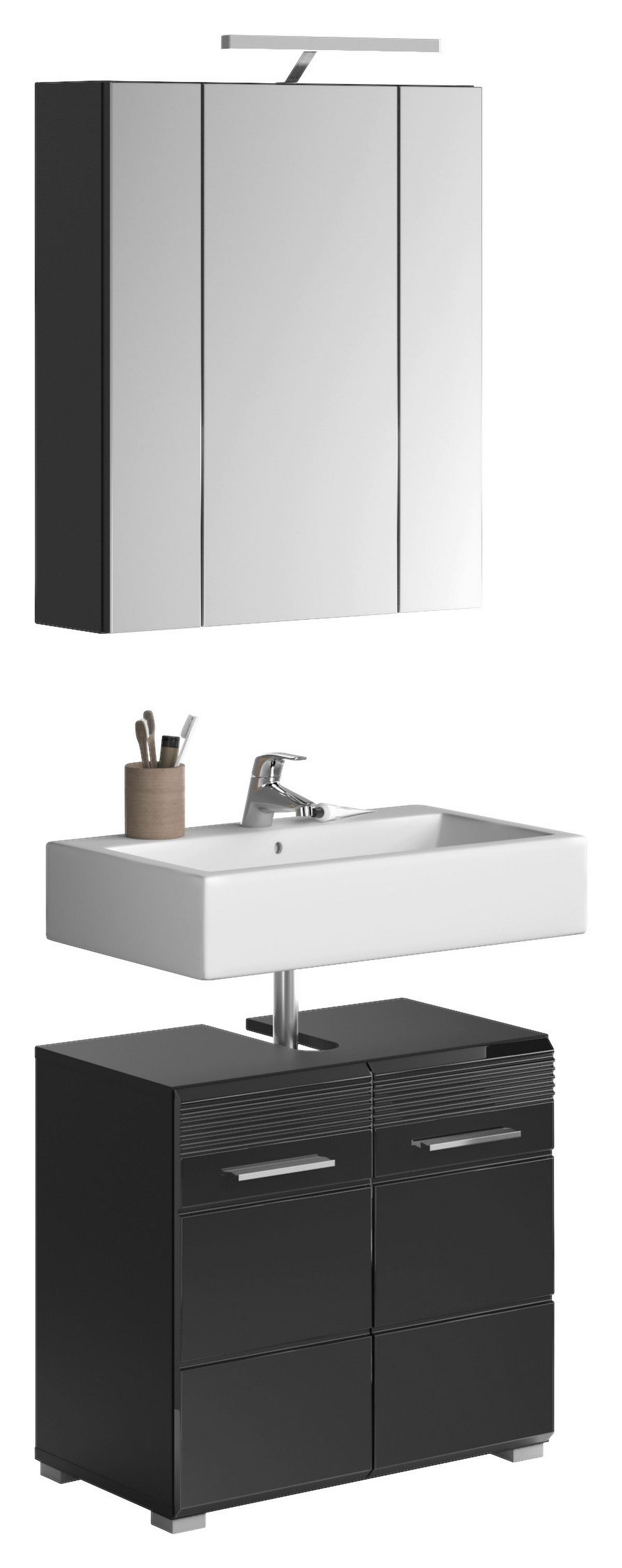 Badezimmer Linus Schwarz Hochglanz B:60cm - Schwarz Hochglanz/Silberfarben, MODERN, Glas/Holzwerkstoff (60cm) - MID.YOU