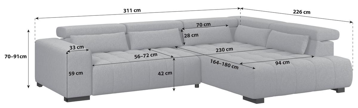 Ecksofa Matera Dunkelgrau S: 311x226cm - Dunkelgrau/Schwarz, Trend, Textil (311/226cm)
