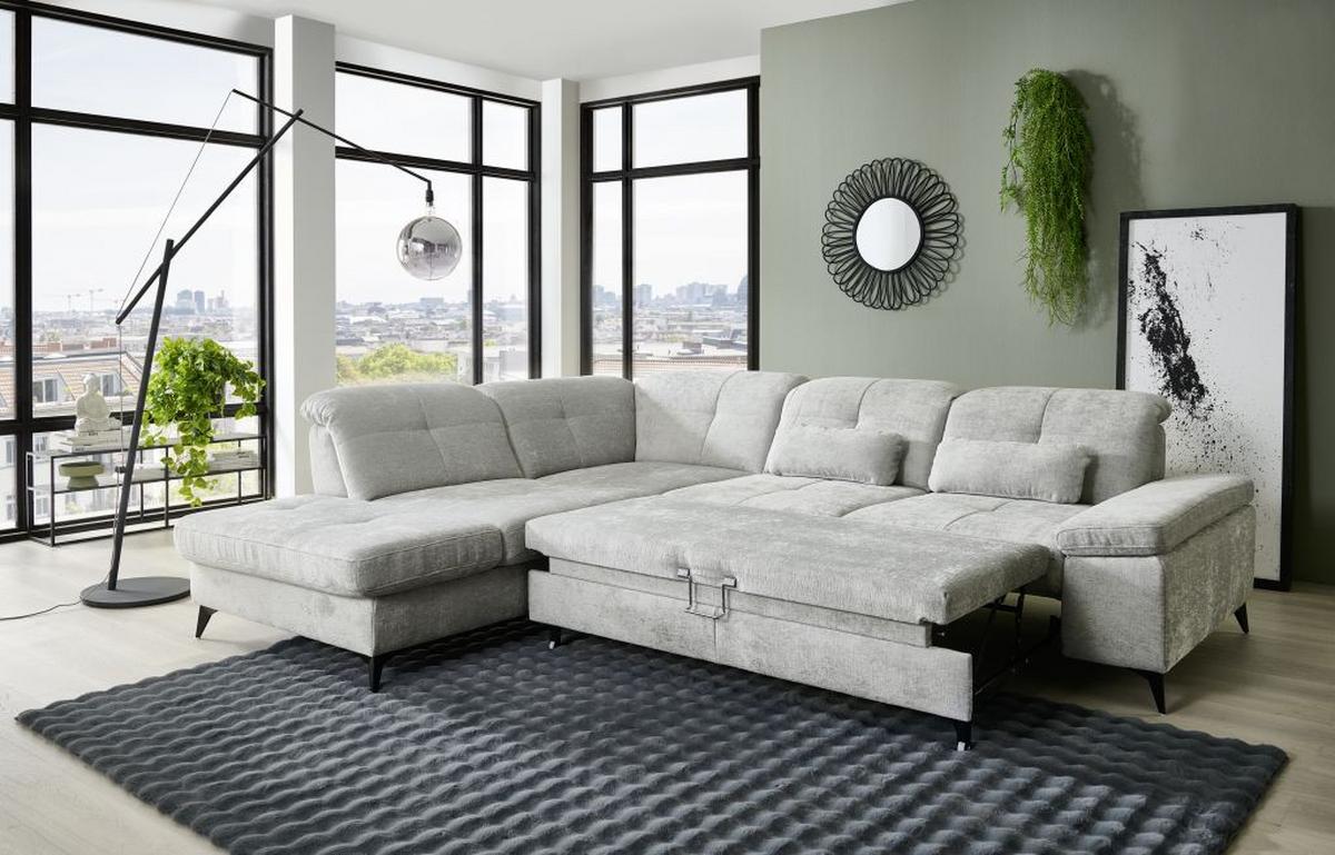 Sedačka SORENA L, ľavá, sv.sivá ženilka, s funkciami - čierna/svetlosivá, Modern, kov/textil (255/311cm) - Premium Living
