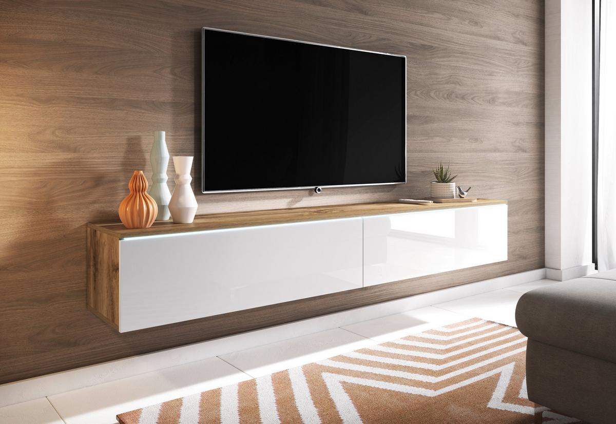 TV-komoda dekor dub Wotan/biela VL - sivá/biela s vysokým leskom, Lifestyle, kompozitné drevo/plast (180/30/33cm) - P & B