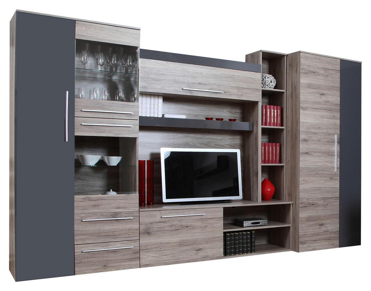 Szekrénysor Royal - grafitszürke/San Remo tölgy, Modern, faalapú anyag/Üveg (320/200/52cm)