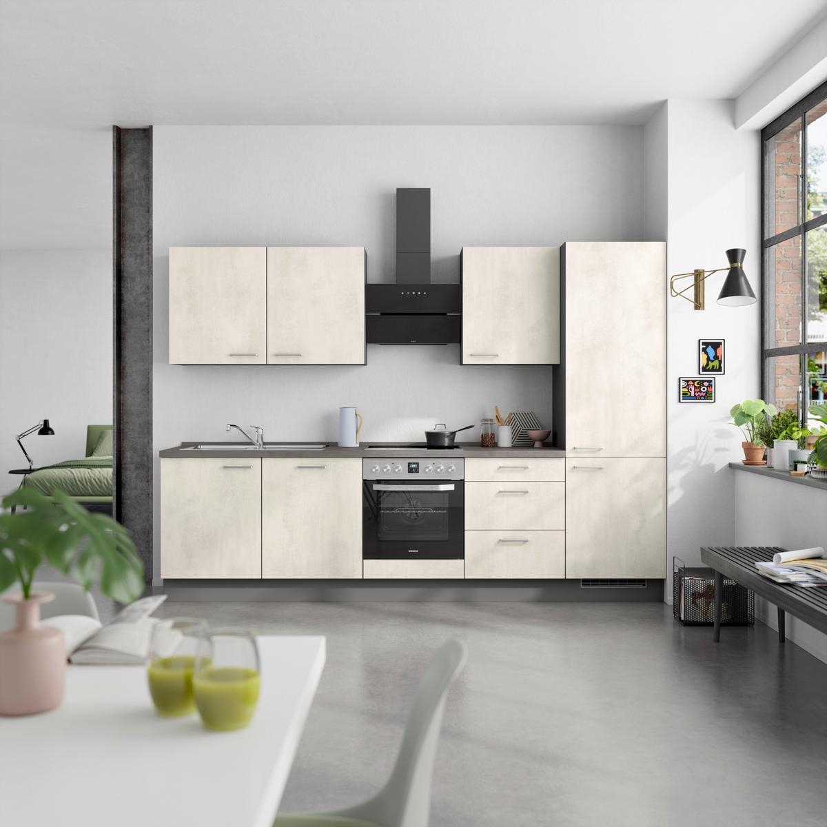 Kuchynská linka 300CM biely betón/ bridlicová šedá - biela/farba ušľachtilej ocele, Modern, kov/kompozitné drevo (300cm) - Nobilia