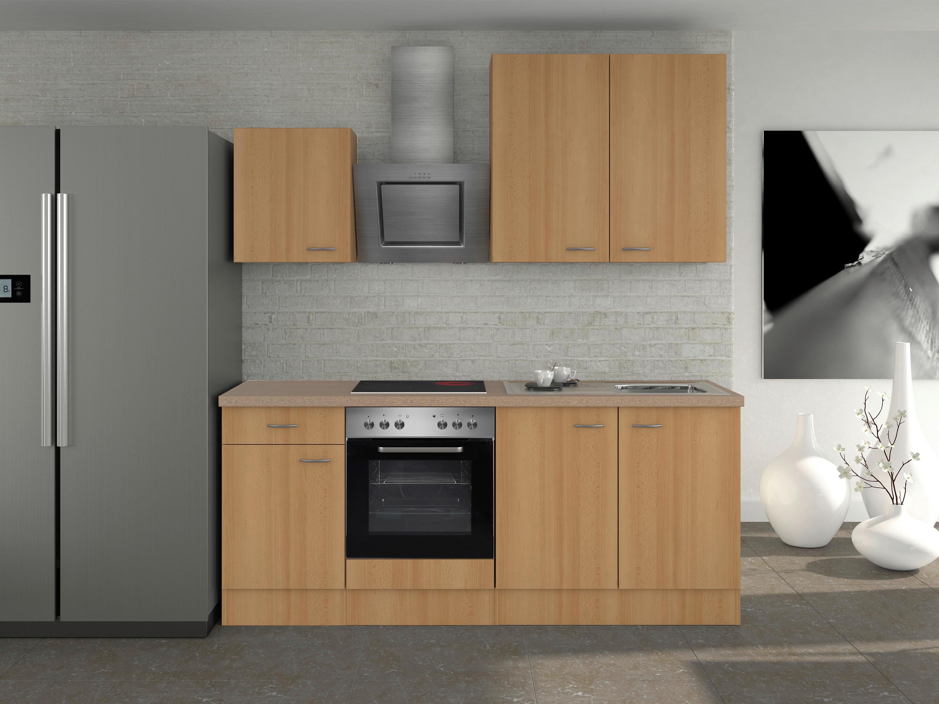 Küchenzeile Nano mit Geräten 210 cm Creme/Buche Dekor - Beige/Buchefarben, MODERN, Holzwerkstoff (210cm) - FlexWell