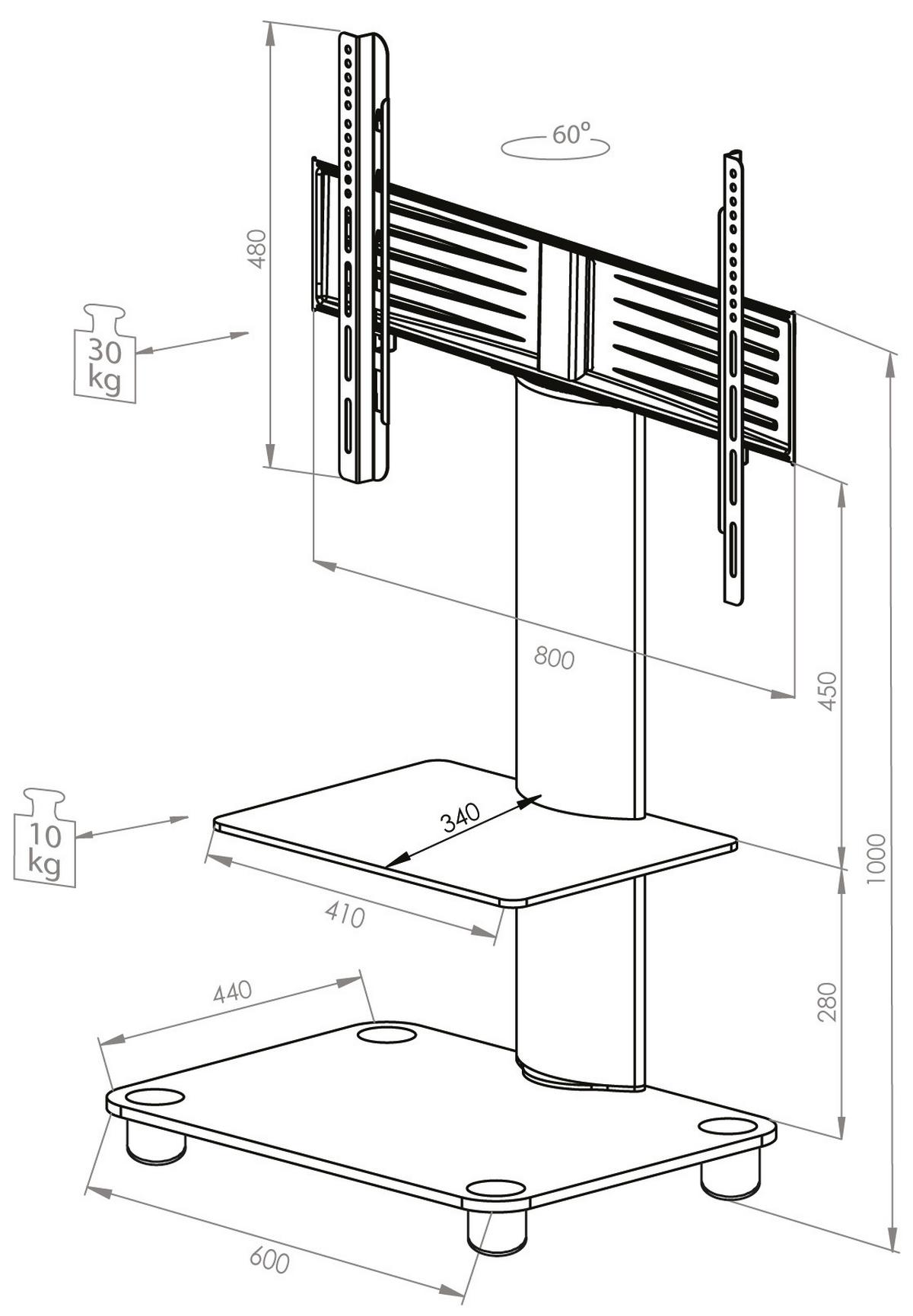 Tv-rack Bis 70“ Schwenkbar + Rollen Tosal Max. 30 Kg - Silberfarben/Schwarz, KONVENTIONELL, Glas/Metall (60/100/44cm) - MID.YOU