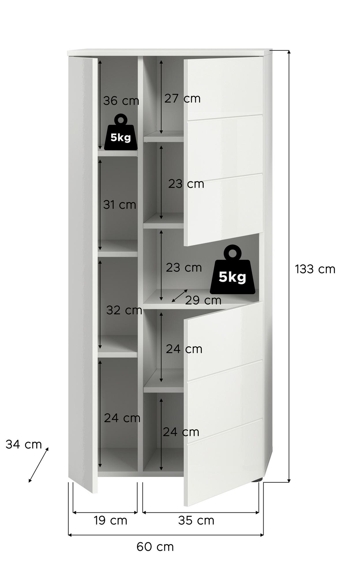 Midischrank Vira Weiß B: 60 cm - Weiß Hochglanz/Schwarz, MODERN, Holzwerkstoff (60/133/34cm) - MID.YOU