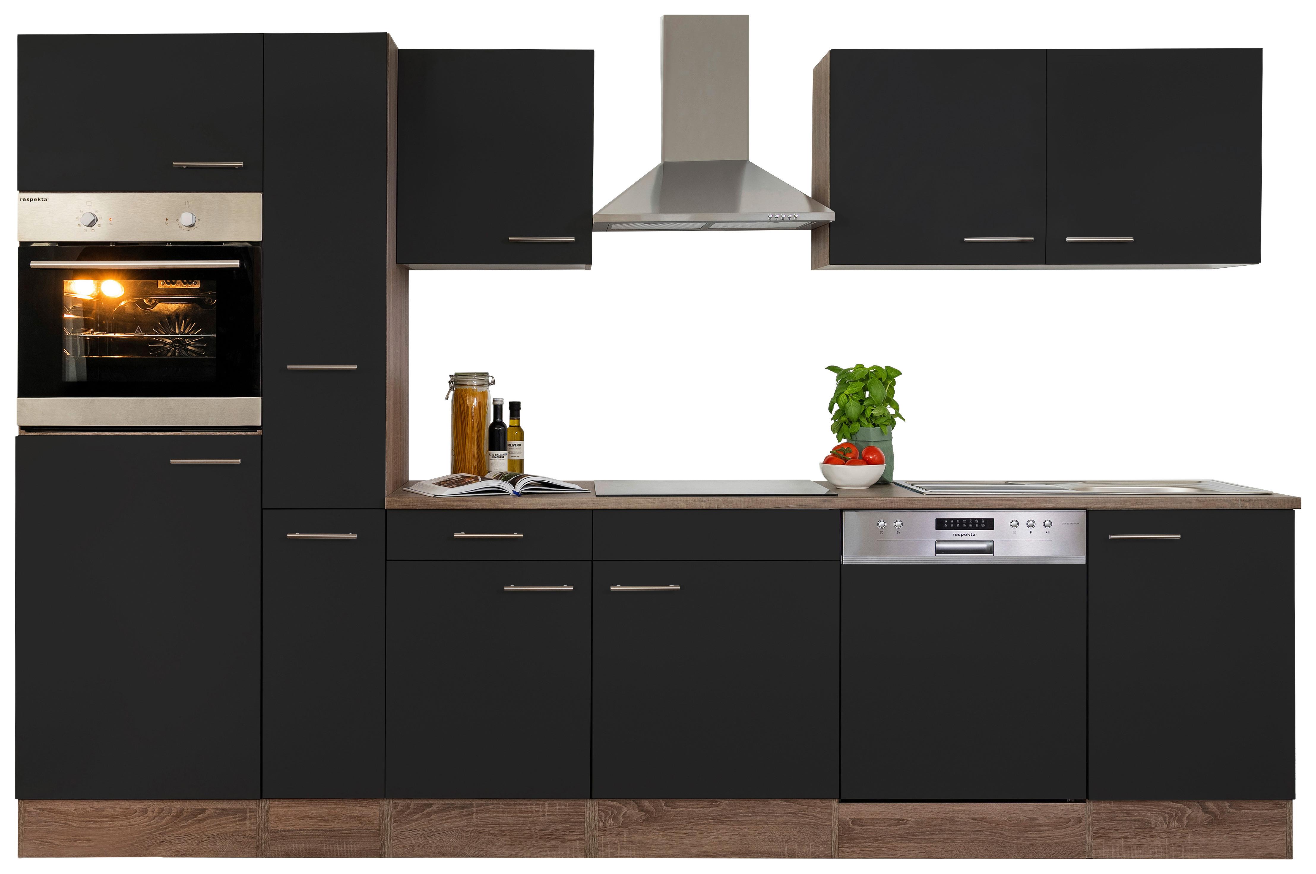 Küchenzeile ohne Geräte B: 310 cm Schwarz/Eiche Dekor - Eichefarben/Schwarz, Basics, Holzwerkstoff (310cm) - Respekta