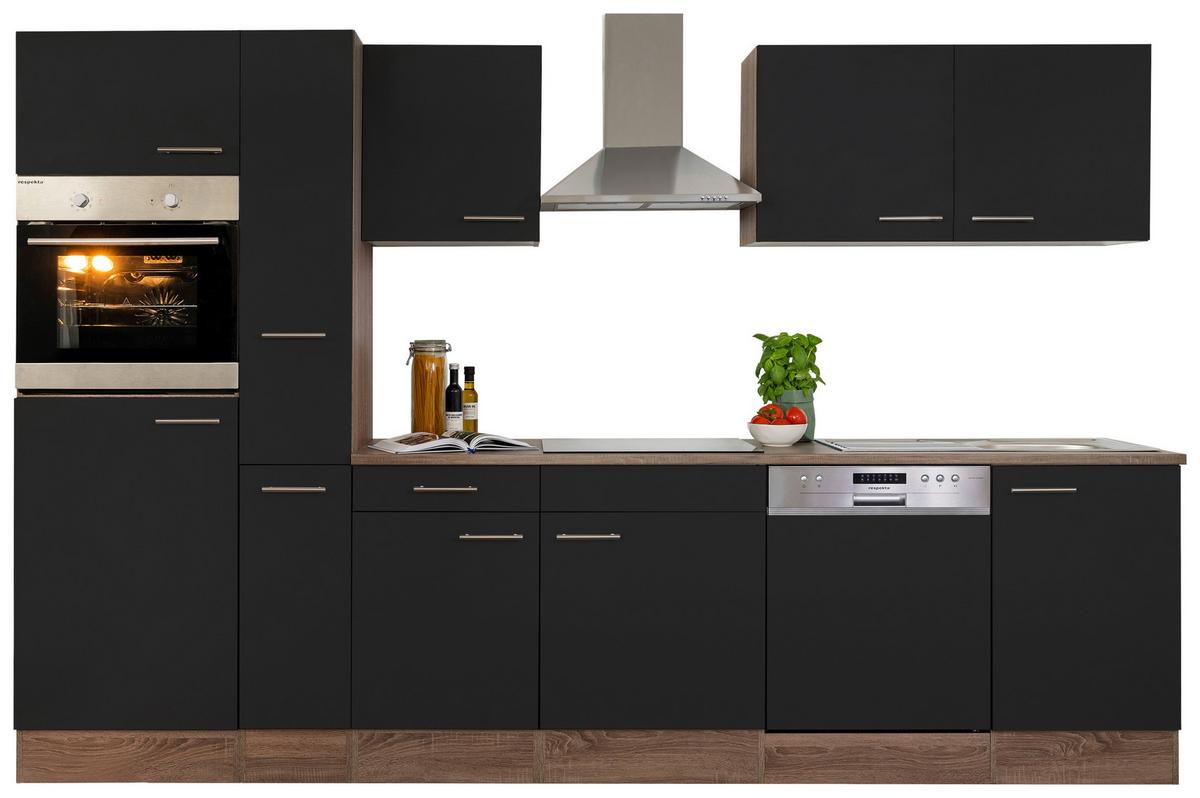 Küchenzeile ohne Geräte B: 310 cm Schwarz/Eiche Dekor - Eichefarben/Schwarz, Basics, Holzwerkstoff (310cm) - Respekta