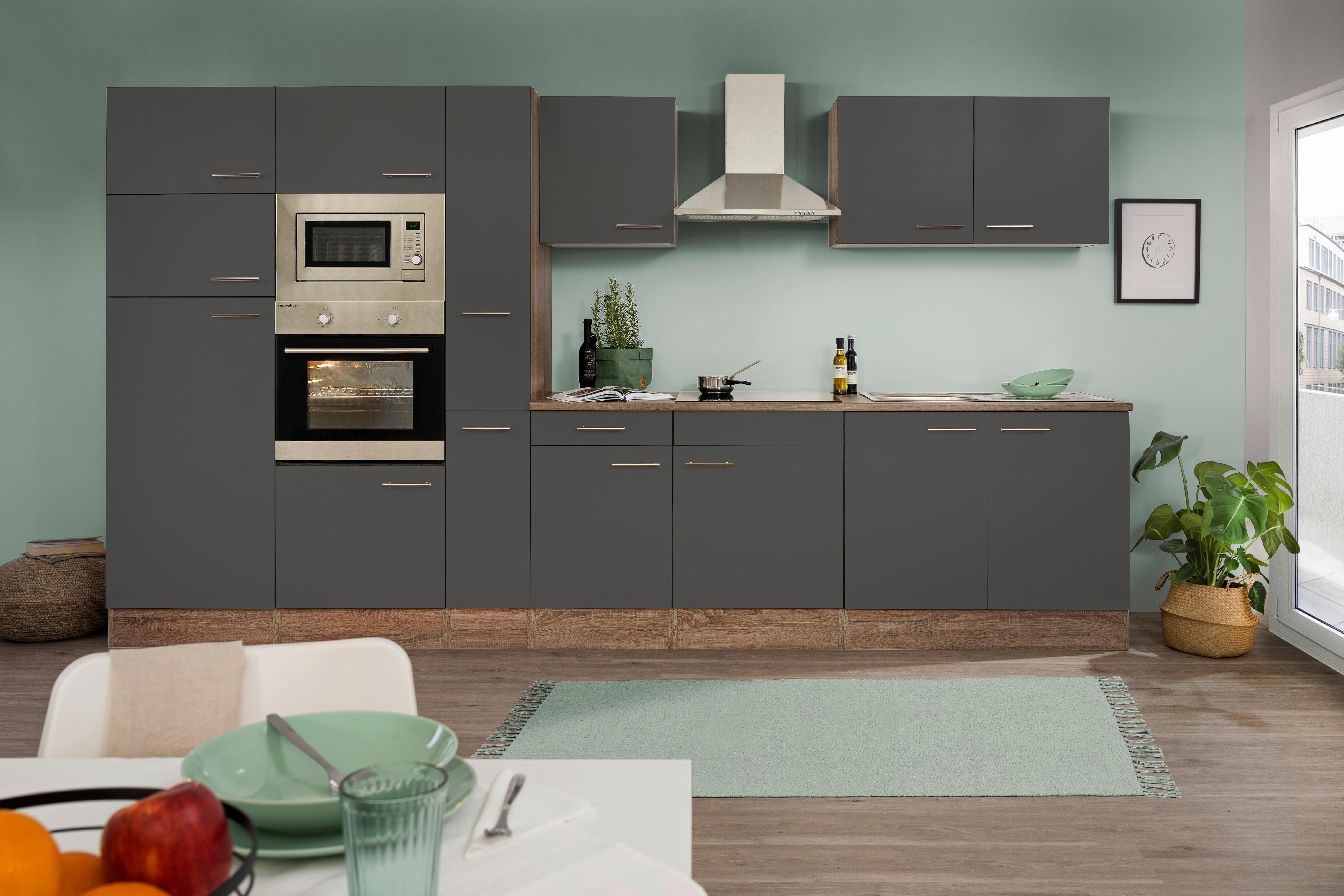 Küchenzeile ohne Geräte B: 360 cm Grau/Eiche Dekor - Eichefarben/Grau, Basics, Holzwerkstoff (360cm) - Respekta
