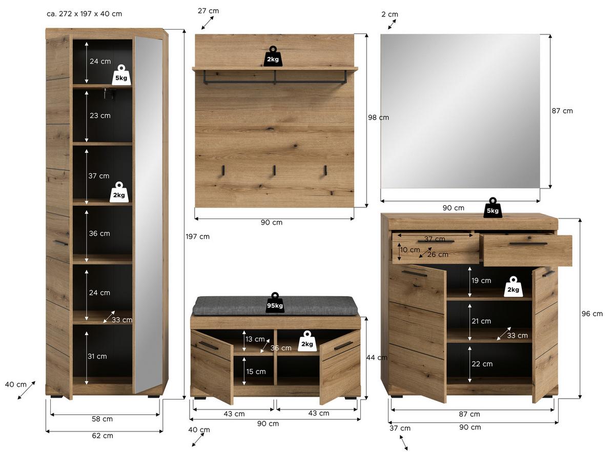 Garderobe Scout 5-teilig Eiche Dunkel B: 272 Cm - Eiche dunkel, Design, Holzwerkstoff (272/197/40cm) - Livetastic