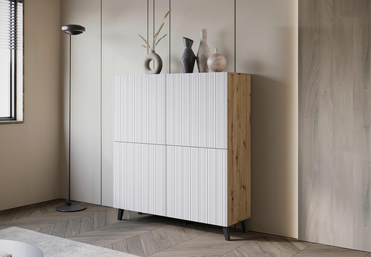 Highboard Phuket Eiche Artisan/weiß B: 120 Cm - Schwarz/Weiß, Trend, Holzwerkstoff (120/130/39cm) - P & B