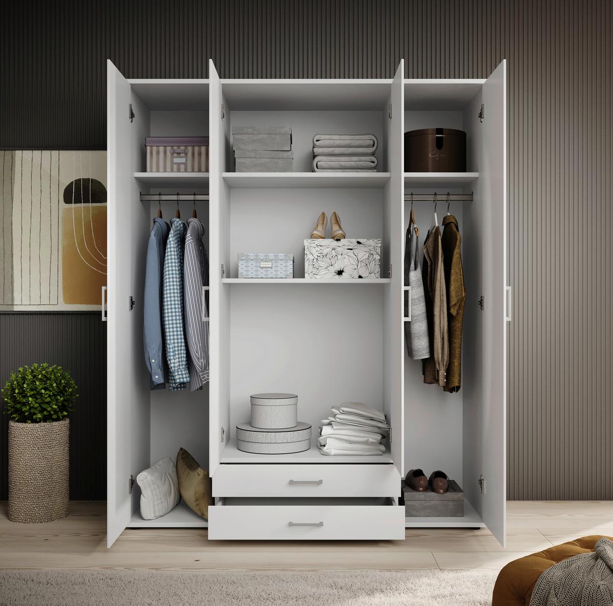 Drehtürenschrank Mit 2 Laden 160 Cm Paul,weiß 4-Türig - Weiß, Basics, Glas/Holzwerkstoff (160/196/54cm)