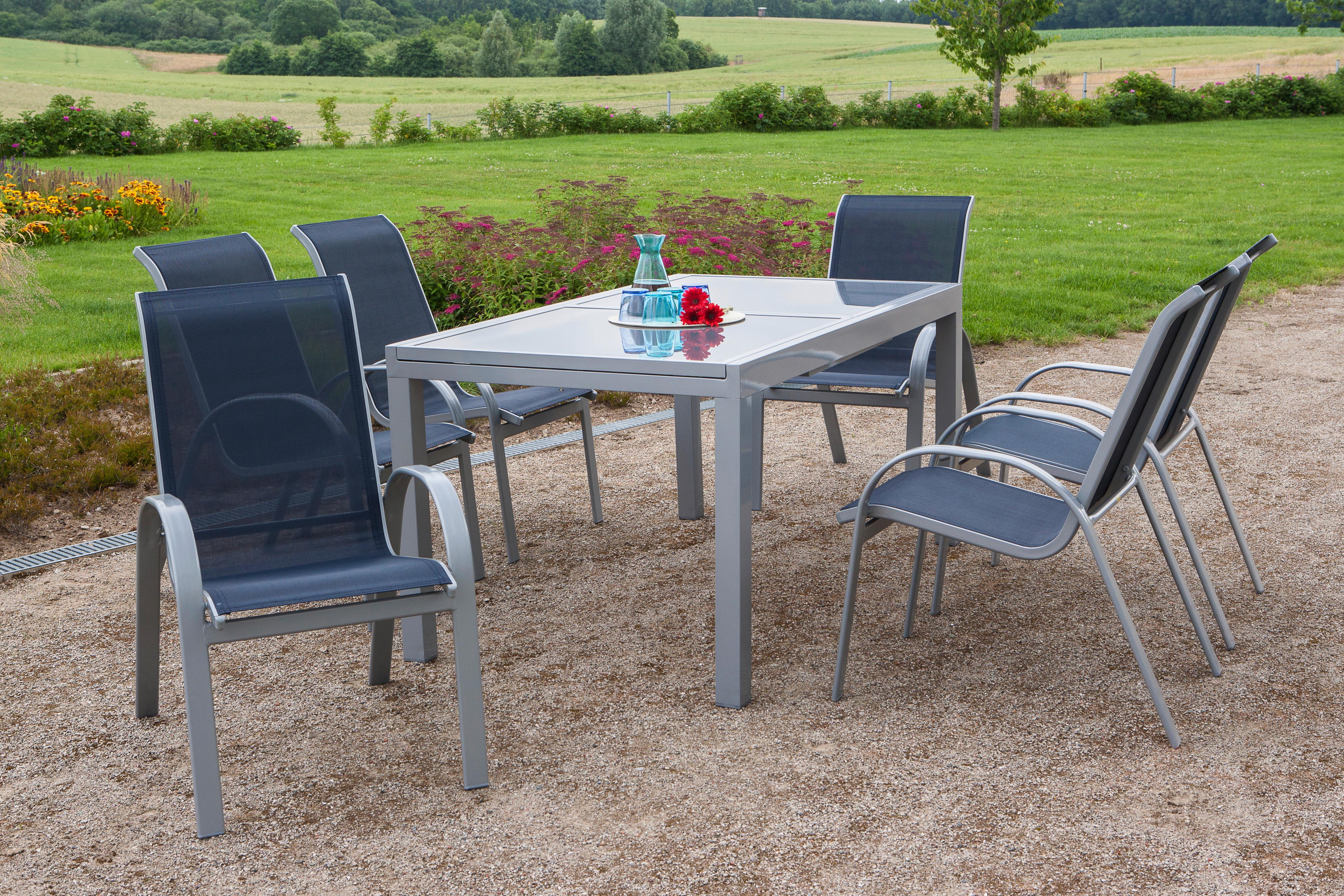 Gartensessel 2er-Set Stapelbar Amalfi Metall/Textil - Silberfarben/Dunkelblau, ROMANTIK / LANDHAUS, Textil/Metall (56/97/76cm) - Gardenson