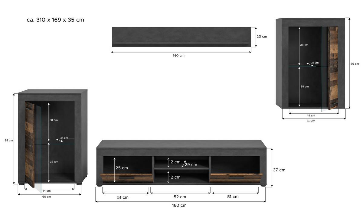Wohnwand Jam Grau/Naturfarben B: 310 cm - Schwarz/Naturfarben, Design, Glas/Holzwerkstoff (310/169/35cm) - MID.YOU