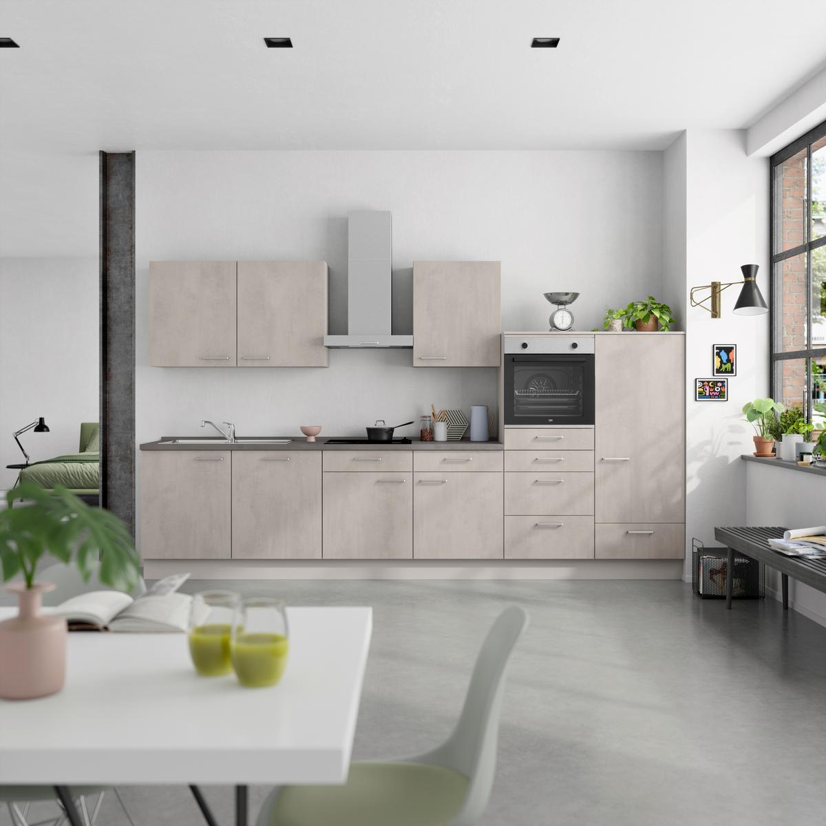 Kuchynská linka 360 cm, betónová sivá - sivá/farba ušľachtilej ocele, Modern, kov/kompozitné drevo (360cm) - Nobilia