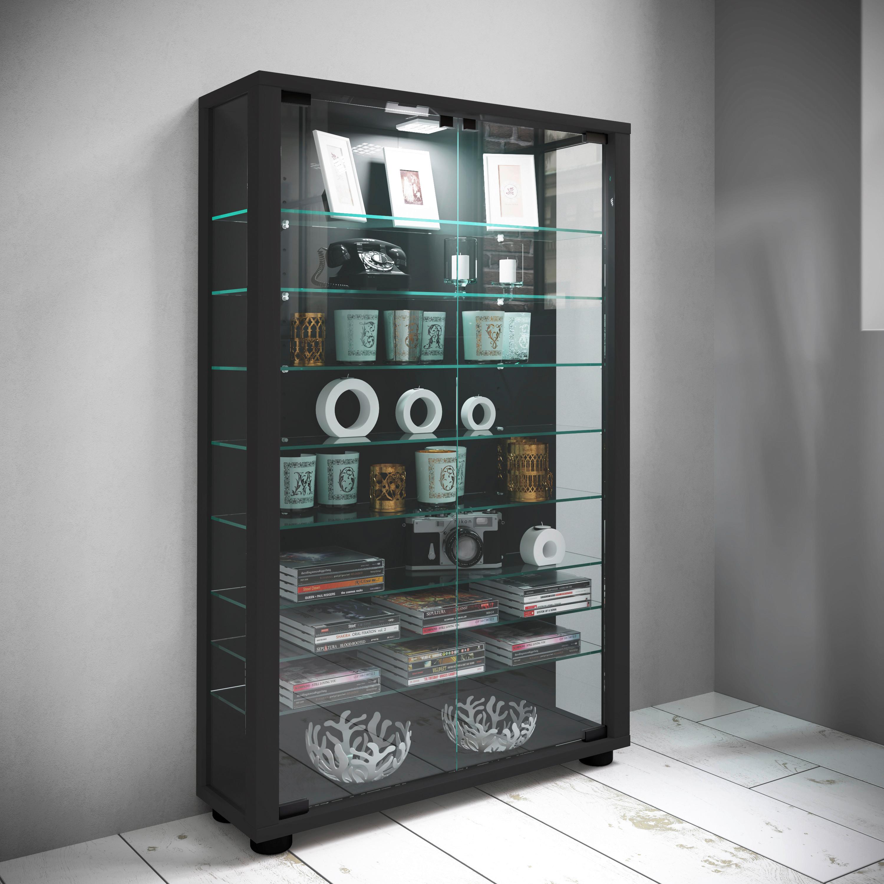Vitrine Lumo Mini Schwarz - Transparent/Schwarz, Design, Glas/Holzwerkstoff (59/90/18cm) - MID.YOU