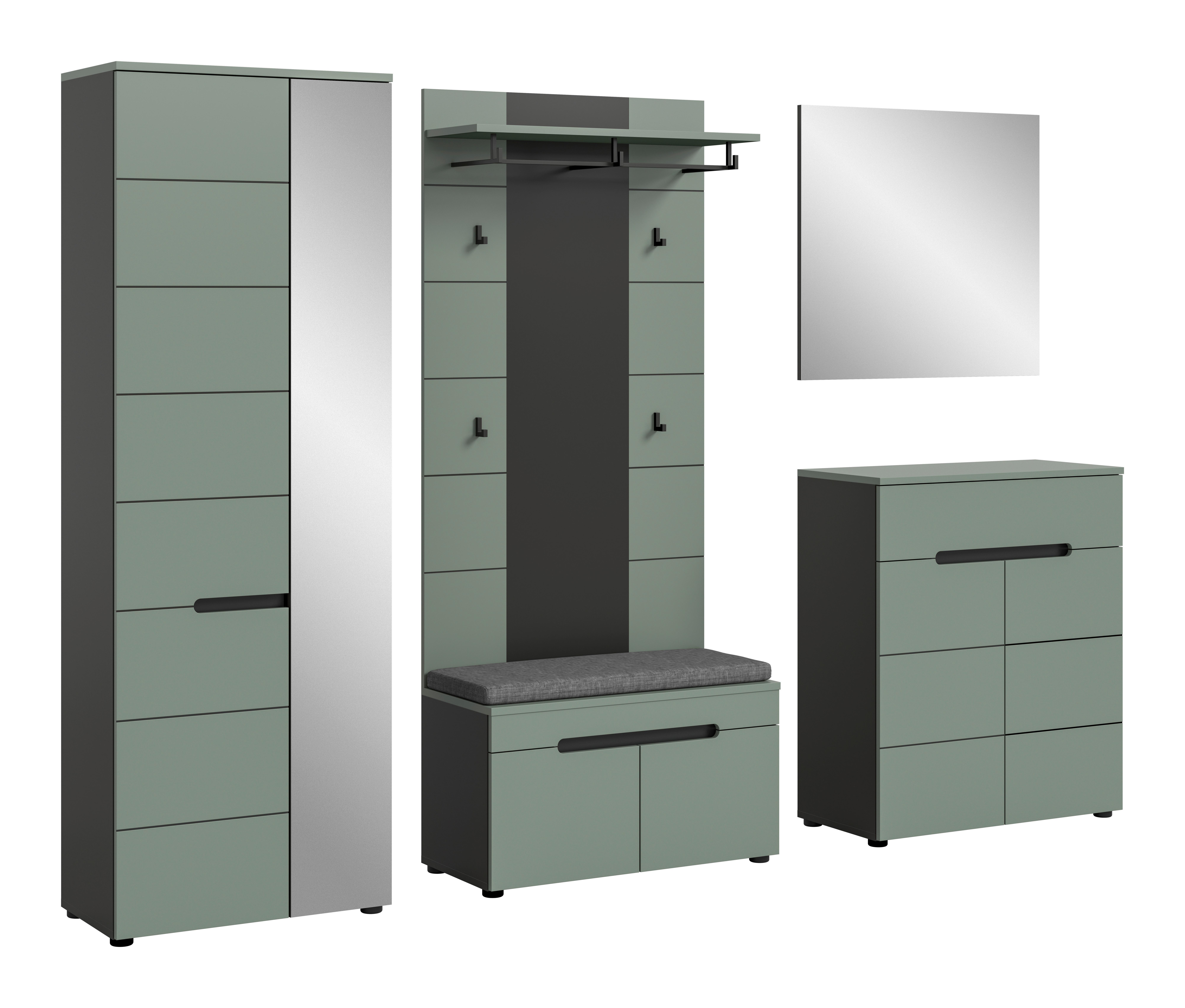 Garderobe Canu 5-Teilig Grau/Grün B: 255 cm - Graugrün/Grau, Design, Holzwerkstoff (255/190/37cm) - Livetastic