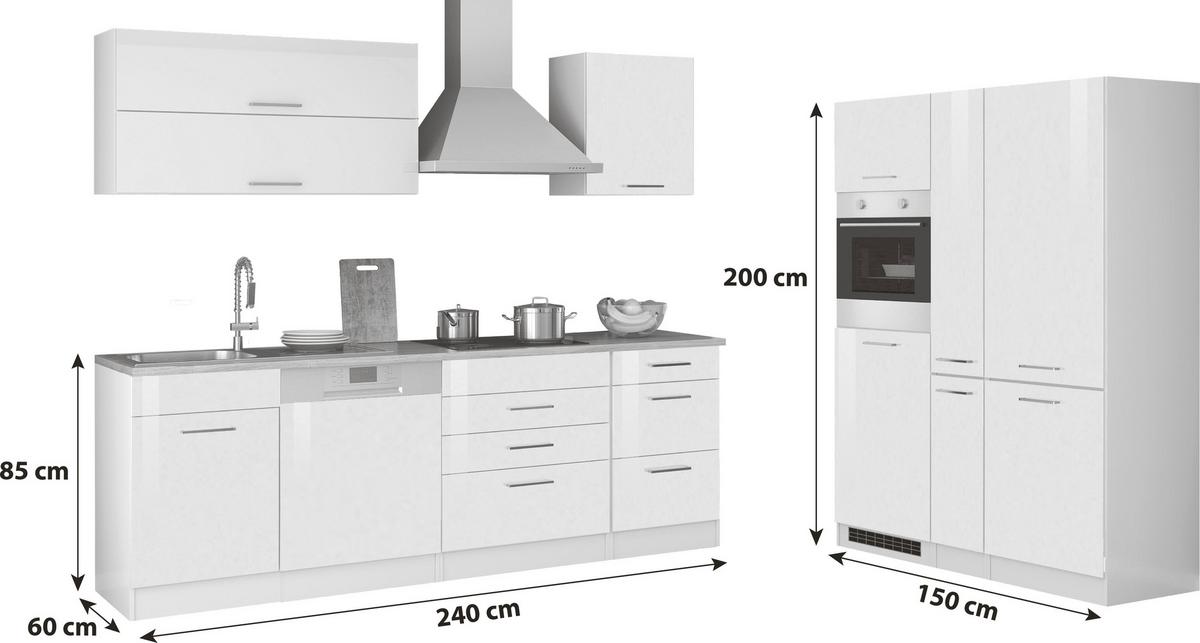 Zweizeilige Küche Mailand 240 + 150 cm mit Geräten Weiß - Weiß Hochglanz/Eichefarben, MODERN, Holzwerkstoff (240-150cm) - Held