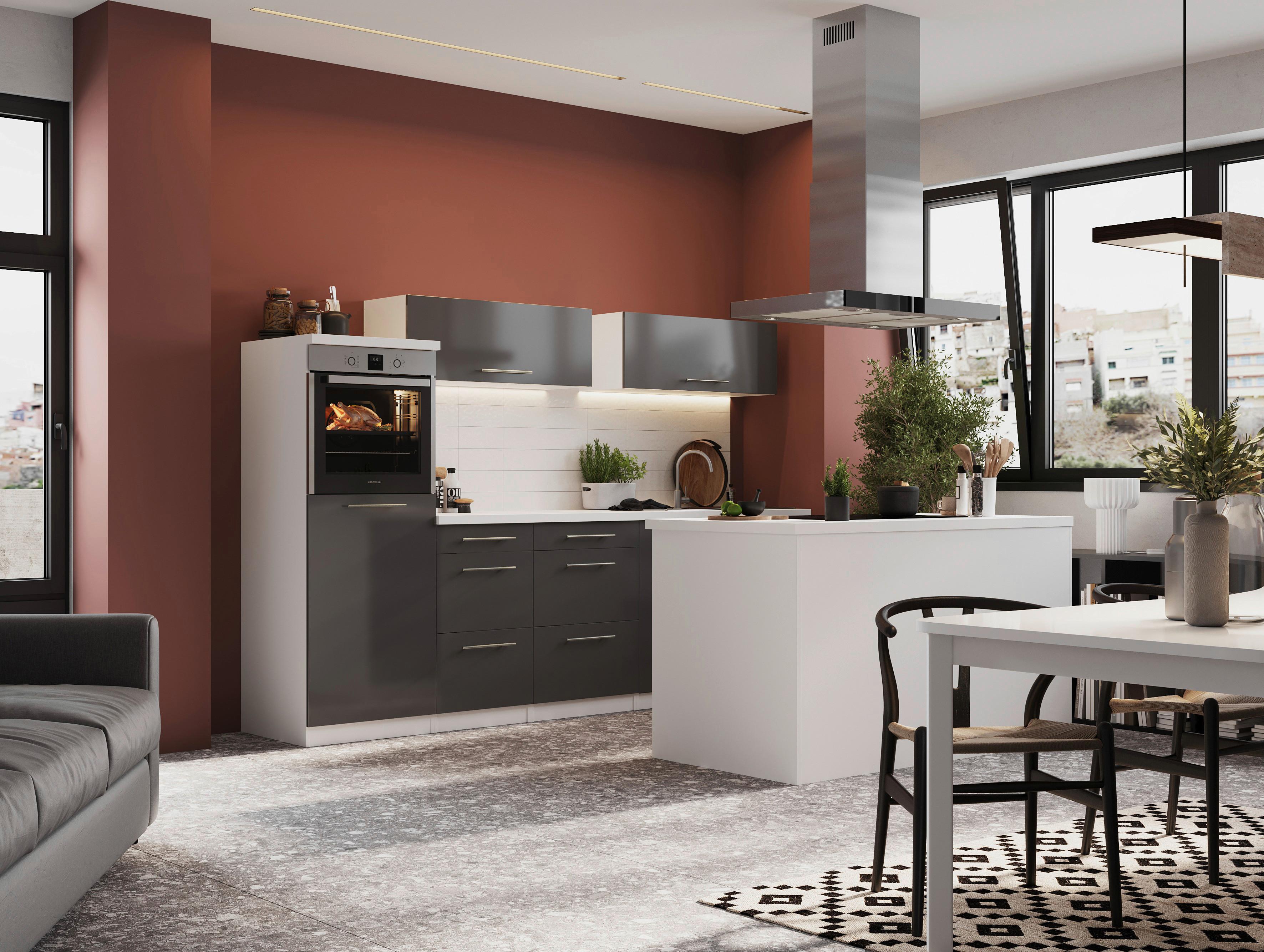 Küchenzeile Premium mit Geräte 280 cm Grau/Weiß + Kochinsel - Weiß/Grau, MODERN, Holzwerkstoff (280/200/270cm) - Respekta
