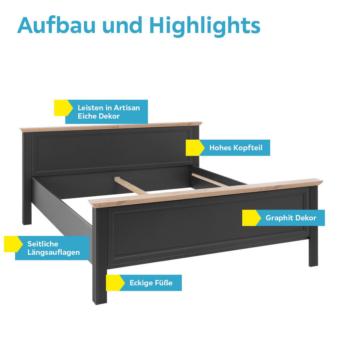 Doppelbett Landhaus-stil 180x200 Jasmin Ii Graphitfarb. - Graphitfarben/Schwarz, LIFESTYLE, Holzwerkstoff (180/200cm)