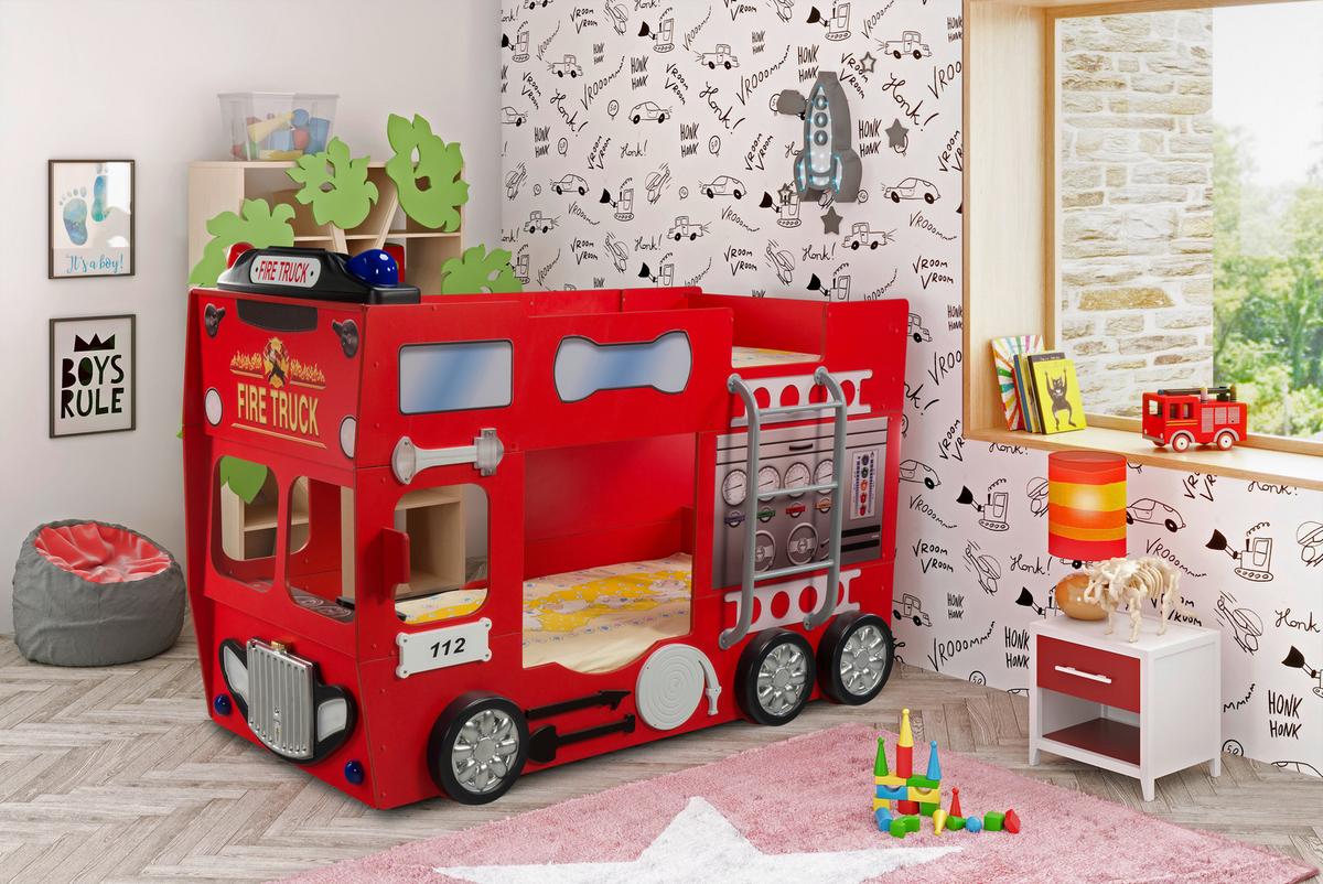 Autobett Feuerwehr Doppeldecker Rot - Rot/Weiß, LIFESTYLE, Holz/Holzwerkstoff (90/190cm) - Livetastic