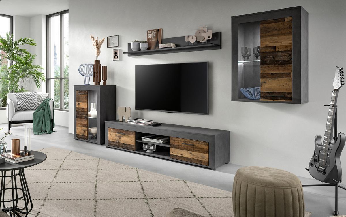 Wohnwand Jam Grau/Naturfarben B: 310 cm - Schwarz/Naturfarben, Design, Glas/Holzwerkstoff (310/169/35cm) - MID.YOU