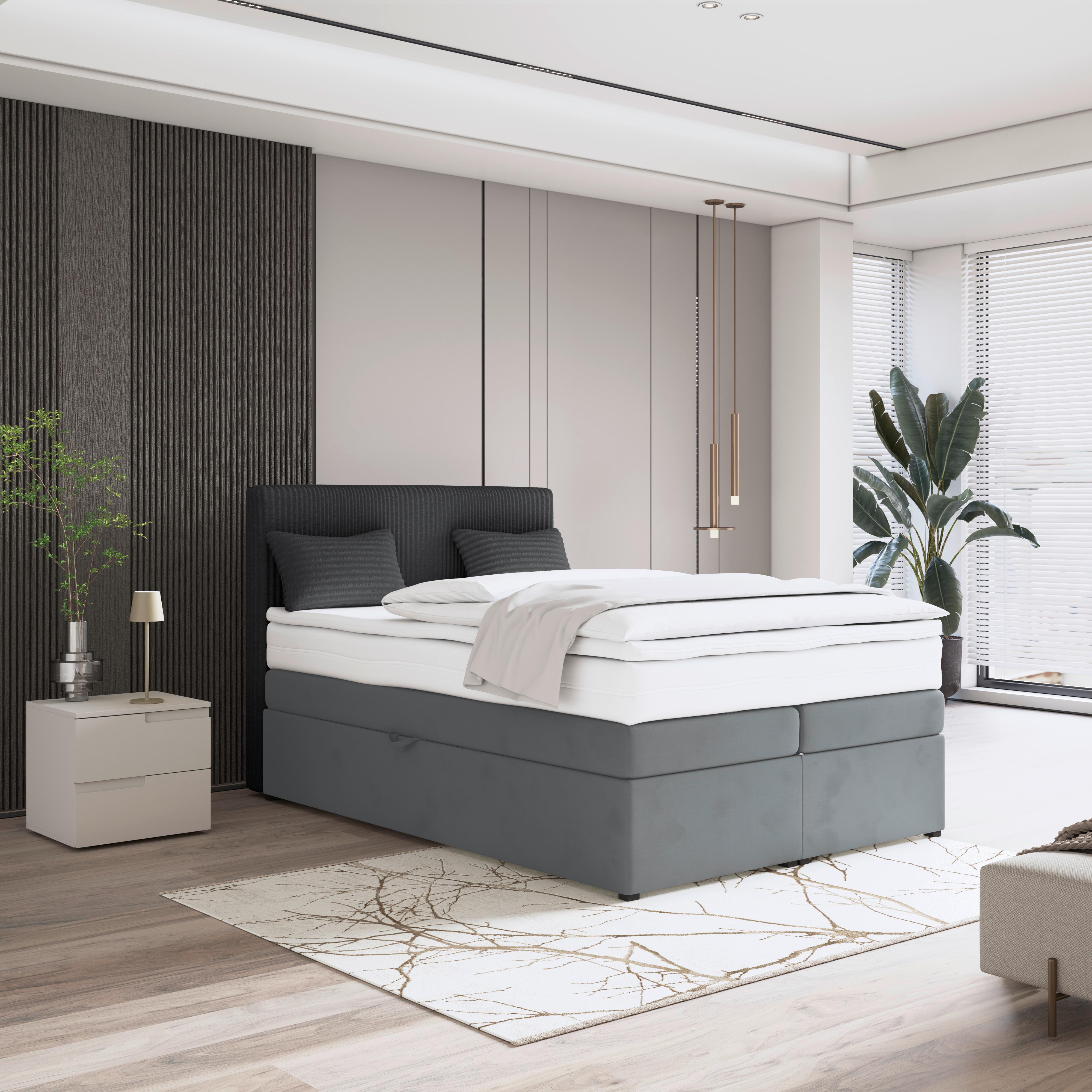 Boxspringbett mit Topper & Bettkasten 140x200 Rossa - Blaugrau/Schwarz, MODERN, Holzwerkstoff/Textil (140/200cm)