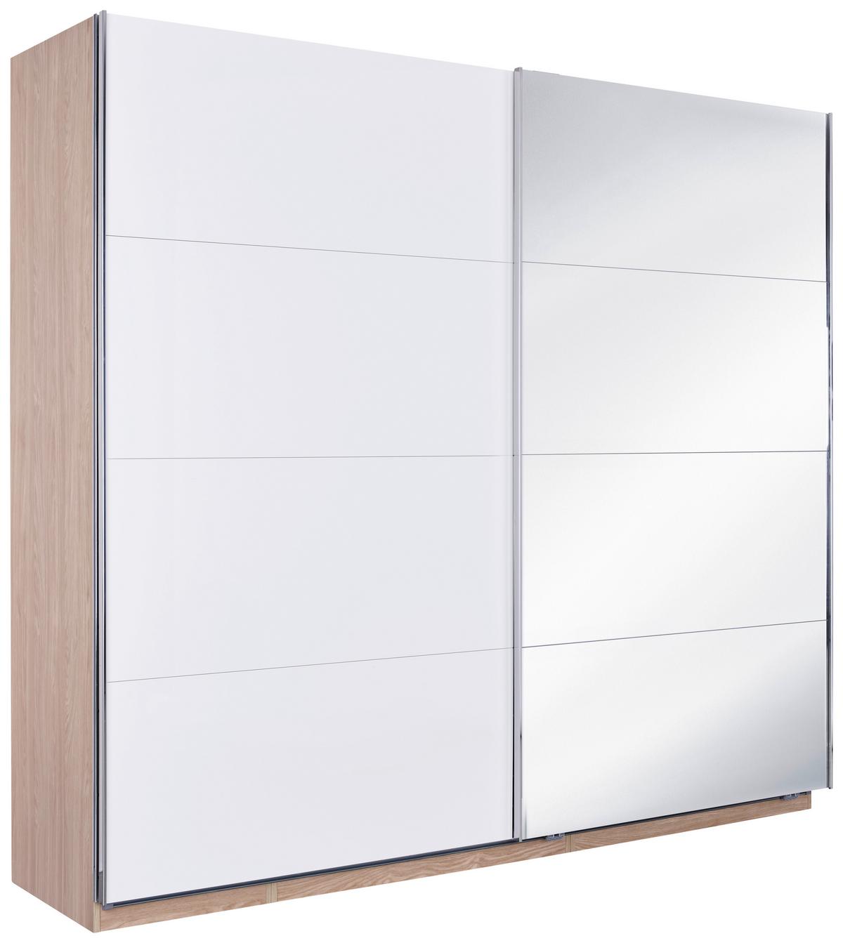 Schwebetürenschrank Mit Spiegel 226cm Unit, Weiß/Eiche - Weiß Hochglanz/Eichefarben, KONVENTIONELL, Holzwerkstoff (226/210/58cm) - Ondega