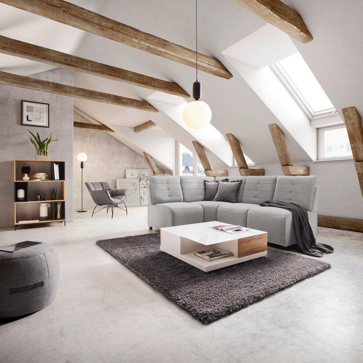 Malá rohová sedačka VICTORIE, světle šedá - černá/světle šedá, Moderní, dřevo/textil (215/154/90cm) - Bessagi Home