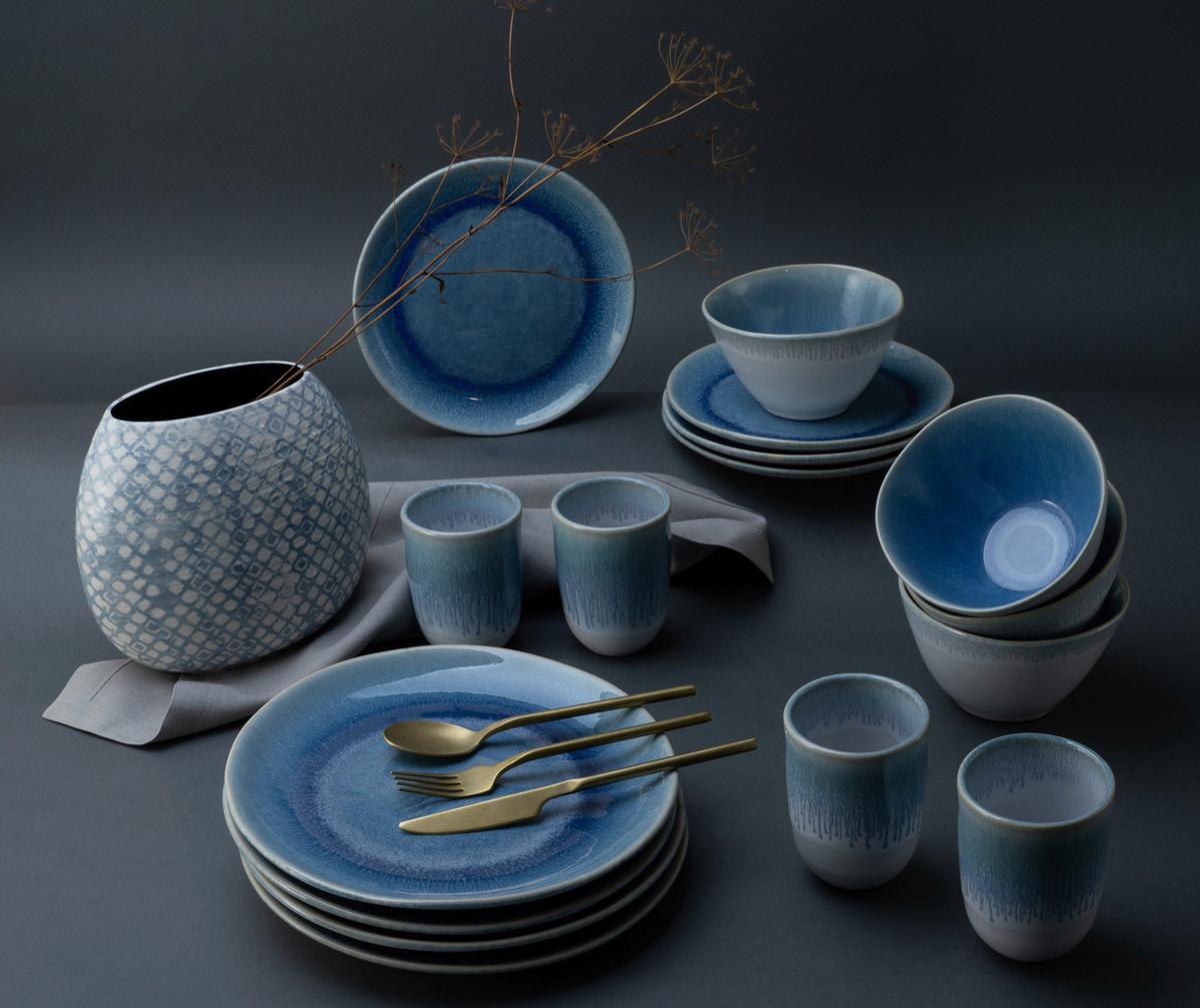 Kombinovaný servis Aquarius modrý, 16 dielny pre 4 osoby - modrá/biela, Trend, keramika (41/35/34cm) - Creatable