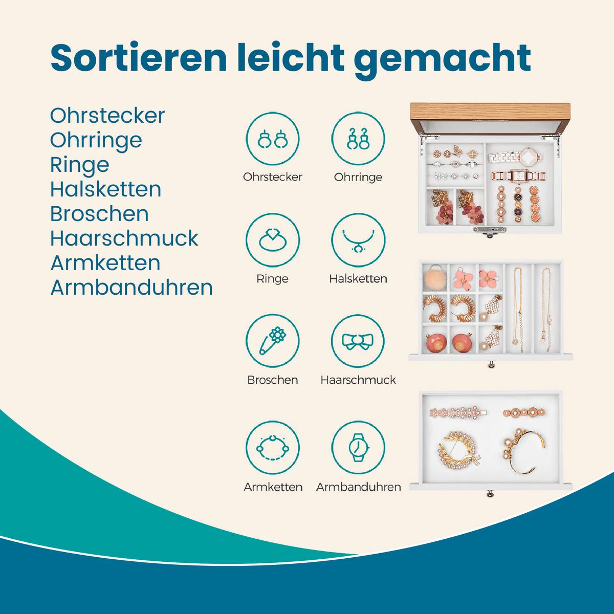 Schmuckkästchen Weiß, Nussbaumfarben B: 25 cm - Nussbaumfarben/Weiß, LIFESTYLE, Glas/Holz (25/15/17cm)