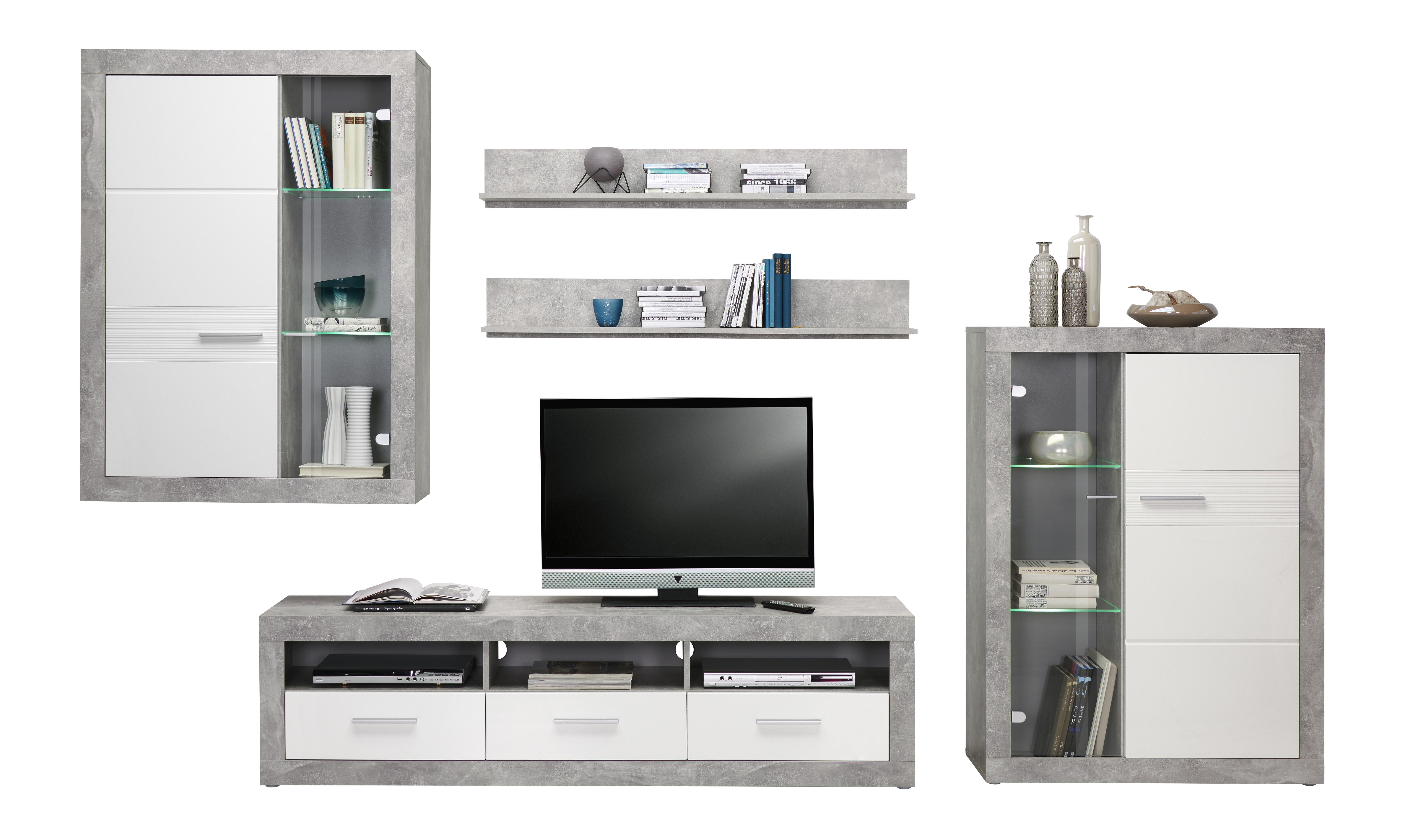 Wohnkombination Malta 6 - Weiß/Grau, MODERN, Glas/Holzwerkstoff (329/197/42cm)