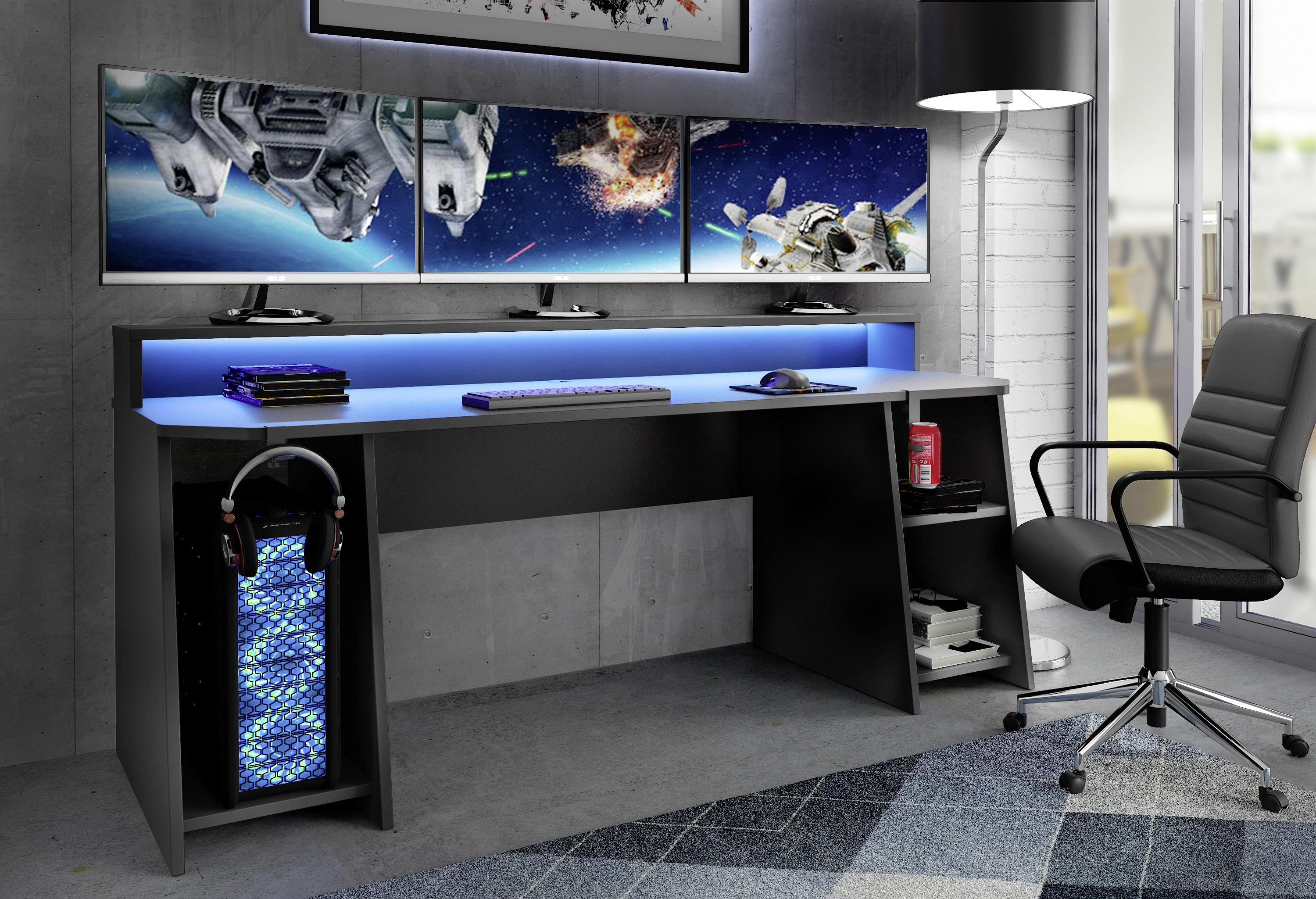 Gaming Tisch mit Stauraum und Aufsatz B 200cm H 91cm Tezaur - Schwarz, MODERN, Holzwerkstoff/Kunststoff (200/72/91cm) - MID.YOU
