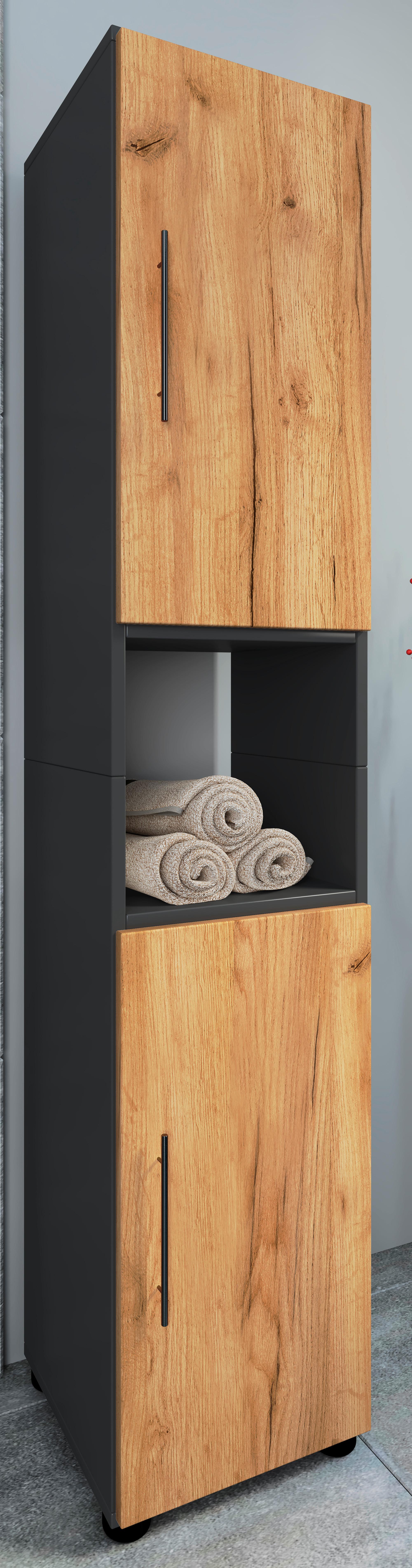 Badezimmer Hochschrank Flandu 31x160 cm Eiche Honig Dekor - Honigeiche/Anthrazit, MODERN, Holzwerkstoff (31/160/30cm) - MID.YOU