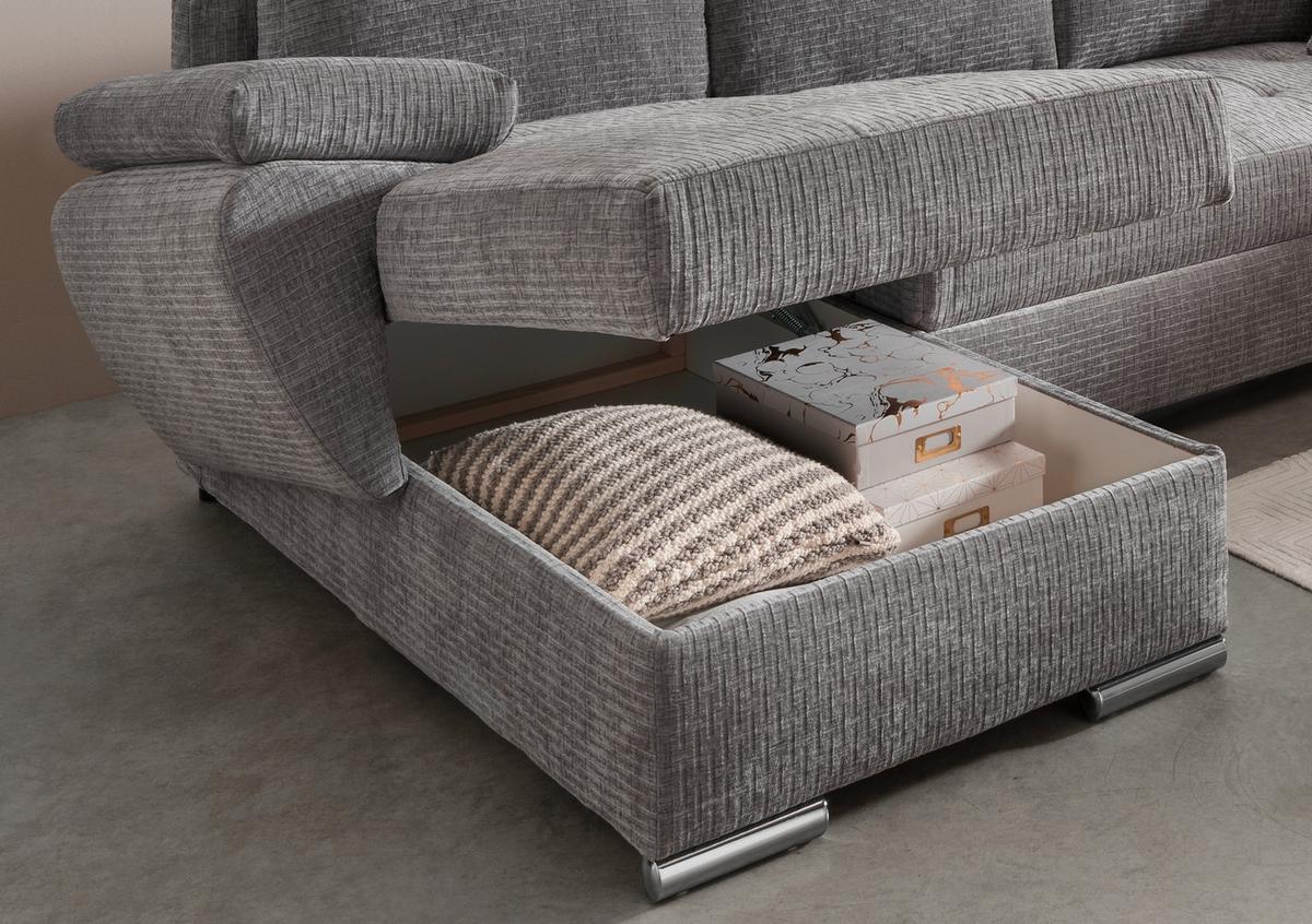 Wohnlandschaft Terana Grau mit Schlaffunktion, Mikrofaser - Chromfarben/Grau, KONVENTIONELL, Textil (157/305/219cm) - Livetastic