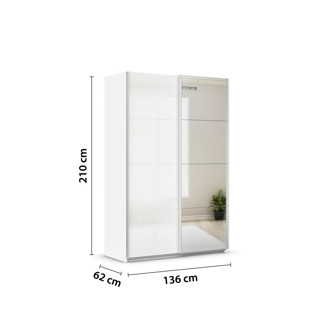 Schwebetürenschrank Feldkirch 136 Normalhöhe - Weiß Hochglanz/Silberfarben, MODERN, Holzwerkstoff (136/210/62cm)