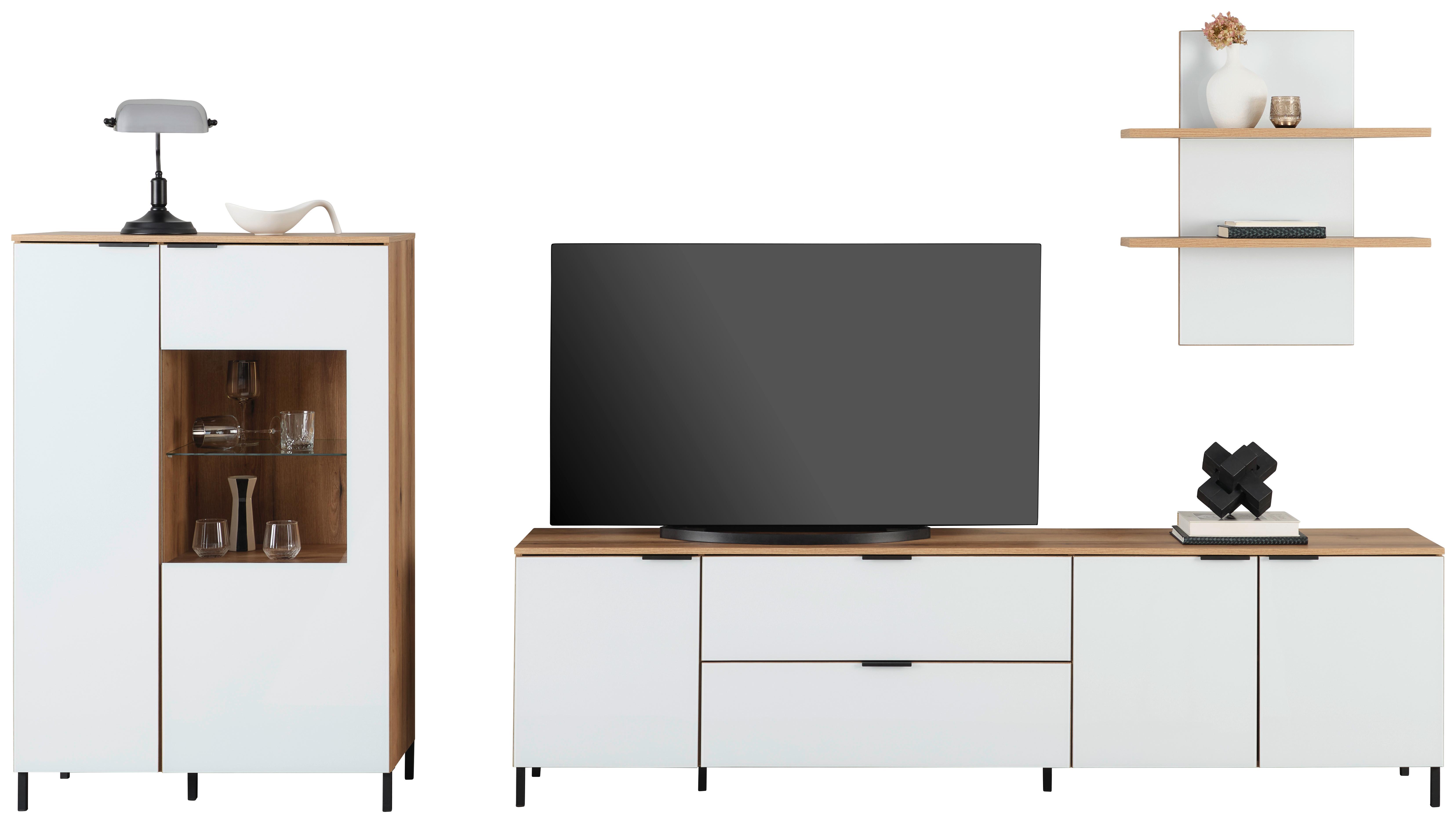 Wohnwand Austin 315 Cm Eichefarben/glasfront Weiß - Eichefarben/Weiß, Trend, Glas/Holzwerkstoff (315/140/40cm)