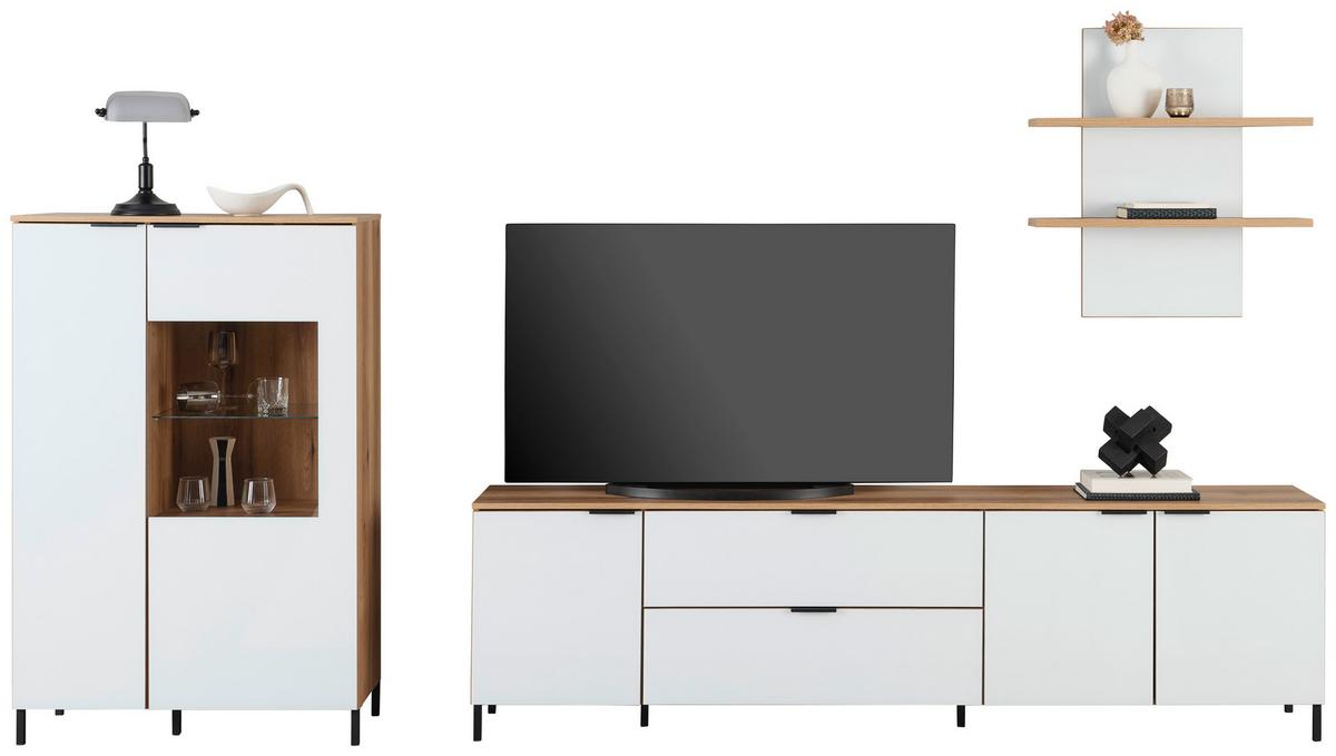 Tv-lowboard Austin 225 Cm Eichefarben/glasfront Weiß - Eichefarben/Schwarz, Trend, Glas/Holzwerkstoff (225/63/40cm)