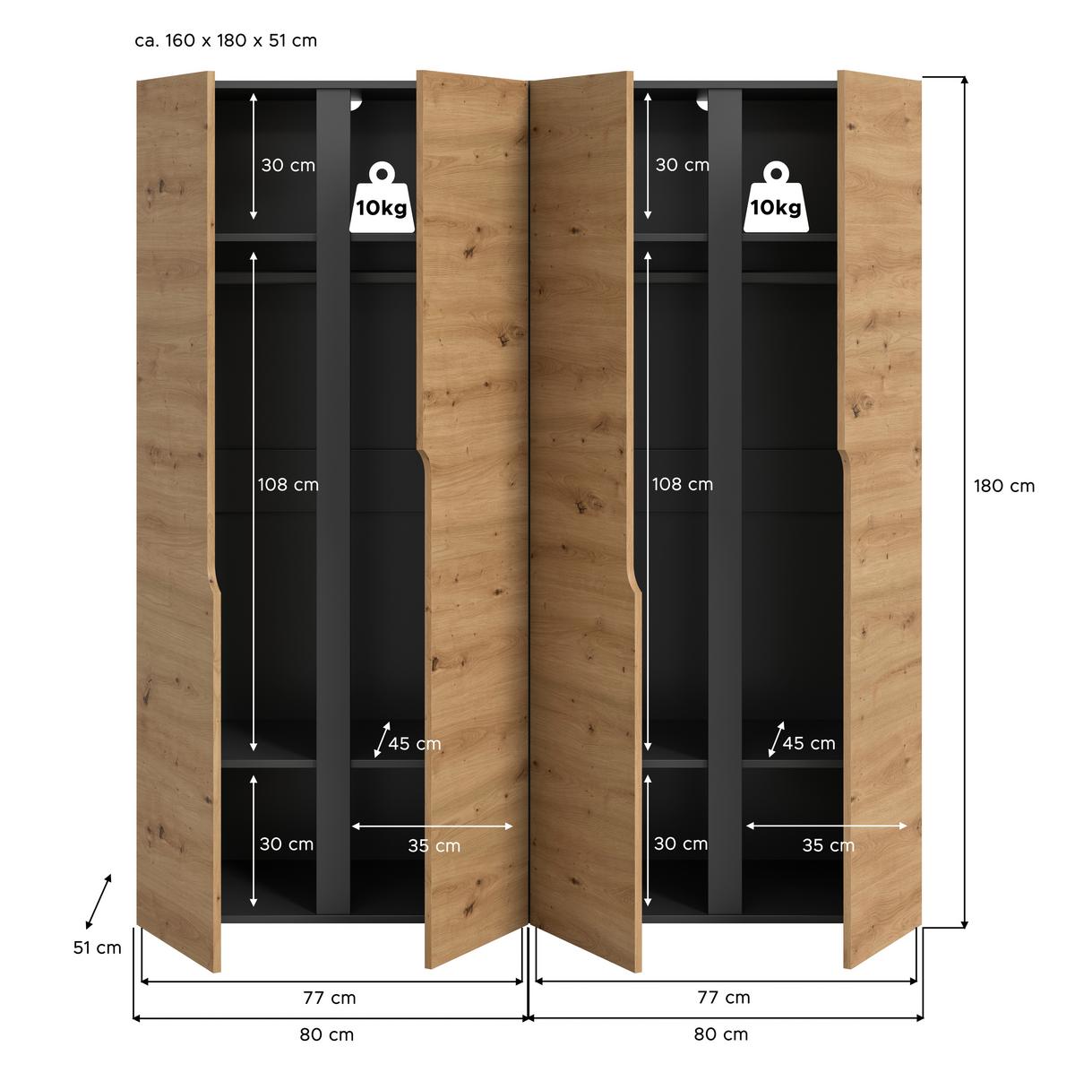 Drehtürenschrank Anga Anthr. /Eiche Artisan Dekor B: 160cm - Anthrazit/Eiche Artisan, MODERN, Holzwerkstoff (160/180/51cm) - MID.YOU