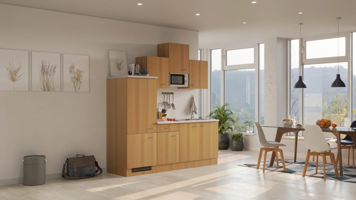 Küchenzeile Nano mit Geräten 210 cm Creme/Buche Dekor - Beige/Buchefarben, MODERN, Holzwerkstoff (210cm) - FlexWell