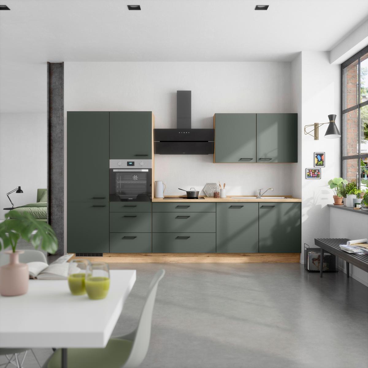 Kuchyňská linka 330 cm, minerální zelená,ultra matná - barvy dubu/černá, Moderní, kov/kompozitní dřevo (330cm) - Nobilia
