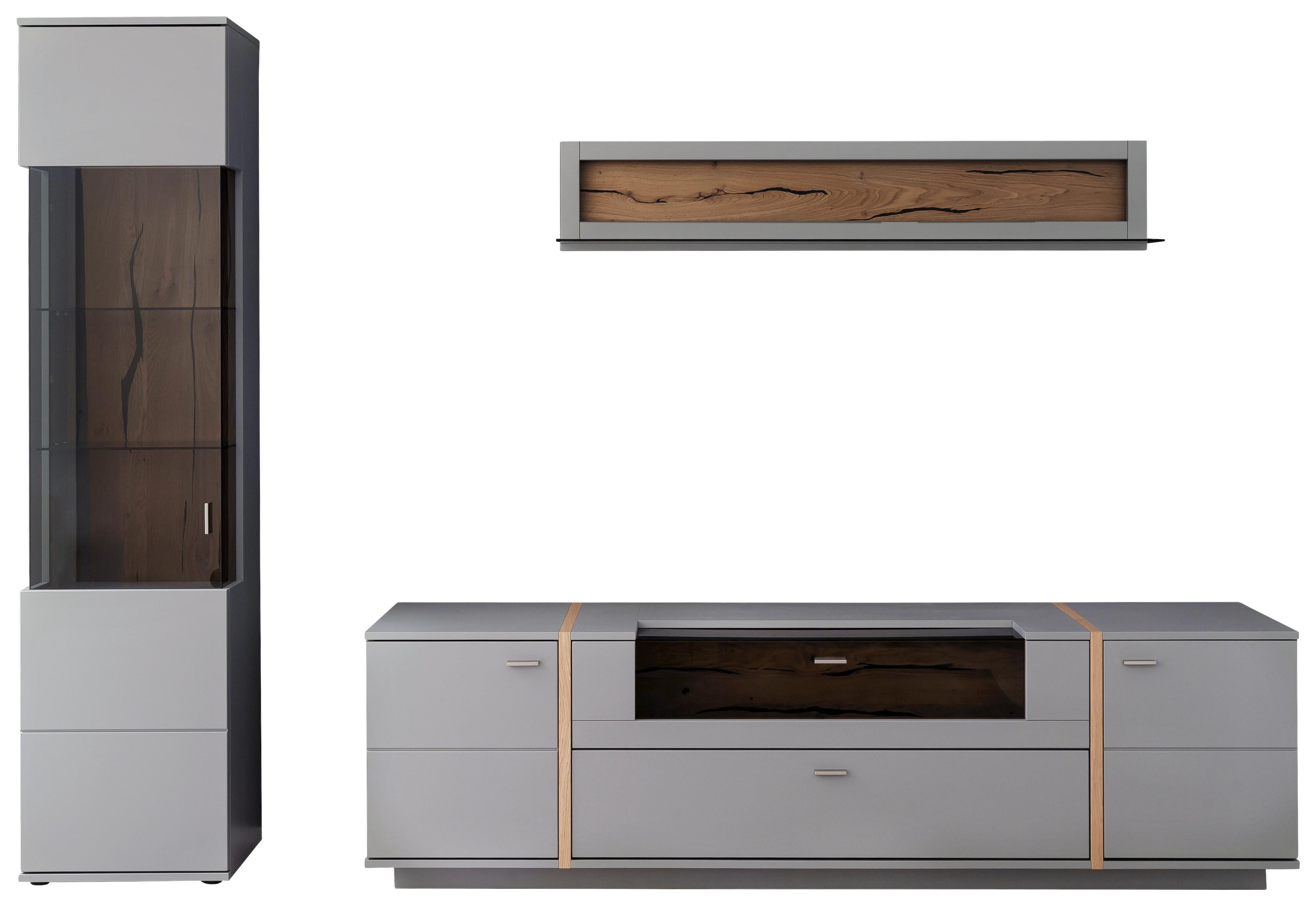 Wohnkombination Teilmassiv 3-Tlg. Sevilla Grau/eiche - Eichefarben/Schwarz, Design, Glas/Holzwerkstoff (276/207/50cm) - MID.YOU