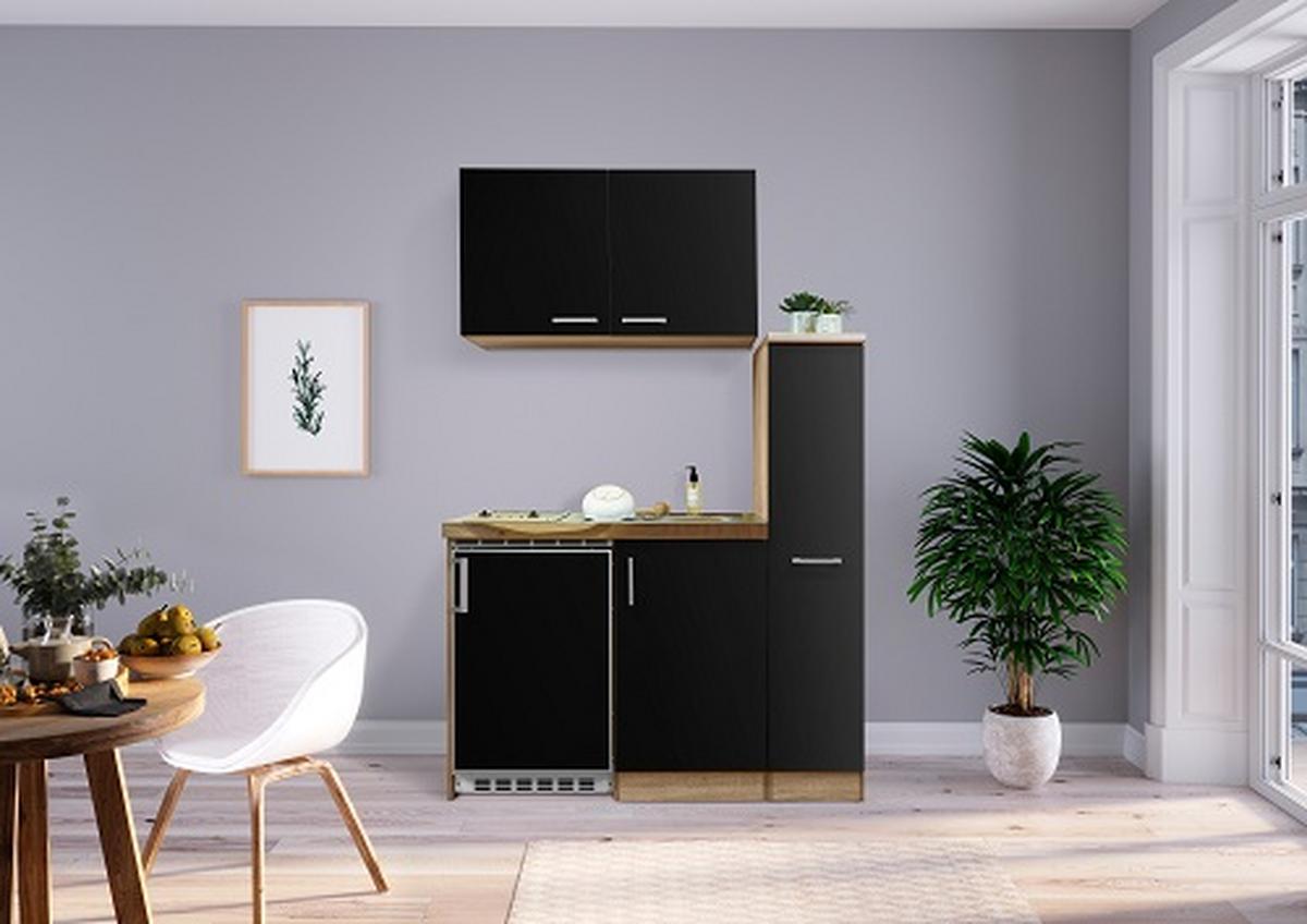Miniküche M. Kühlschrank + Kochfeld 130 Cm Schwarz/eiche - Edelstahlfarben/Eichefarben, MODERN, Holzwerkstoff/Metall (130cm) - Respekta
