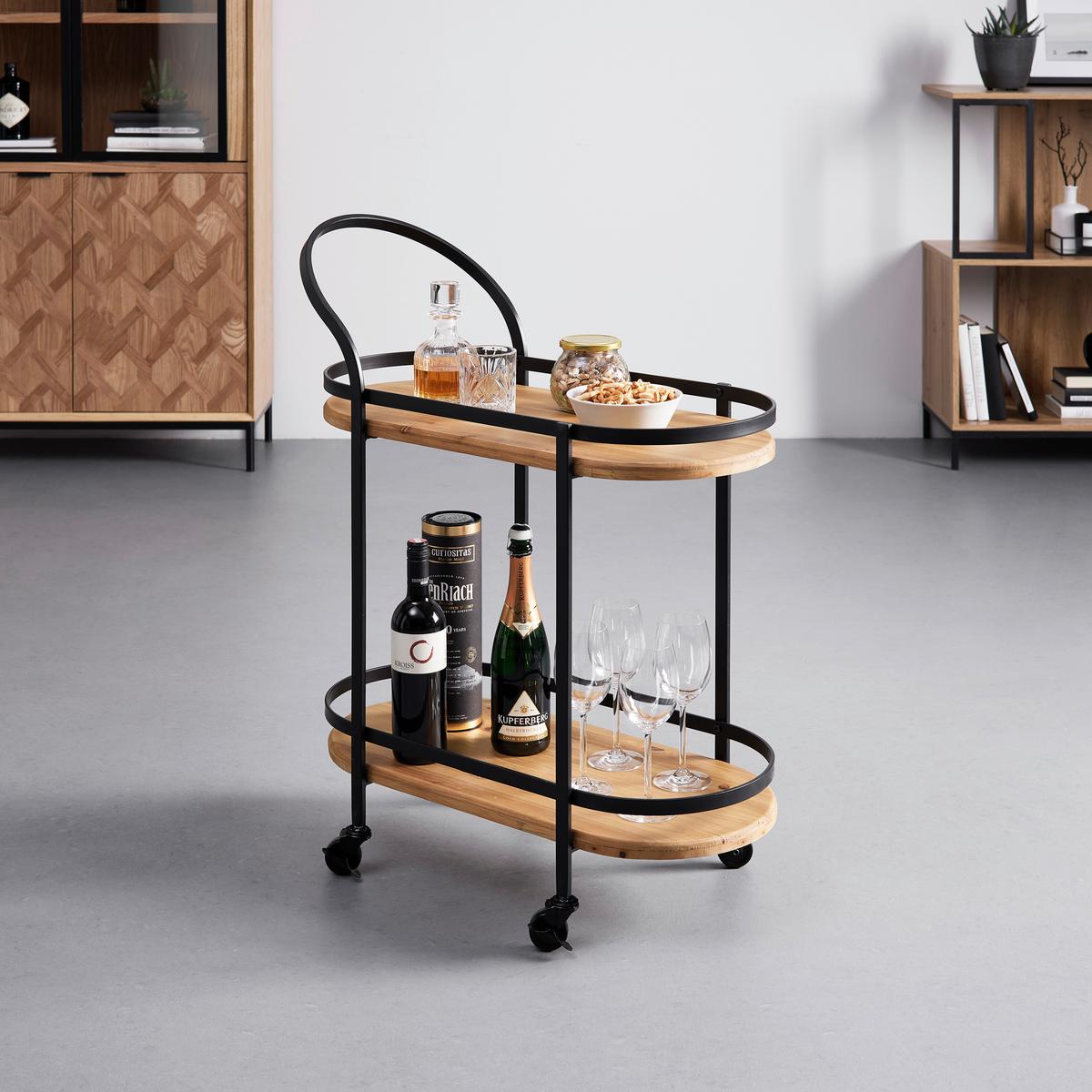 Servírovací vozík JOLANDA - černá/přírodní barvy, Moderní, kov/dřevo (70/86/35cm) - Bessagi Home