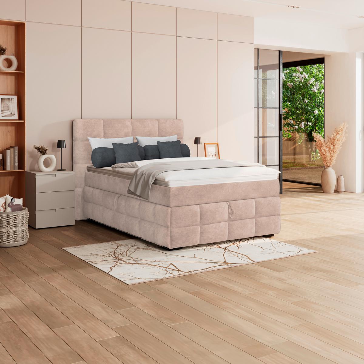 Čalúnená posteľ VEGA 140x200 cm, béžová - čierna/zelená, Trend, drevo/textil (140/200cm)